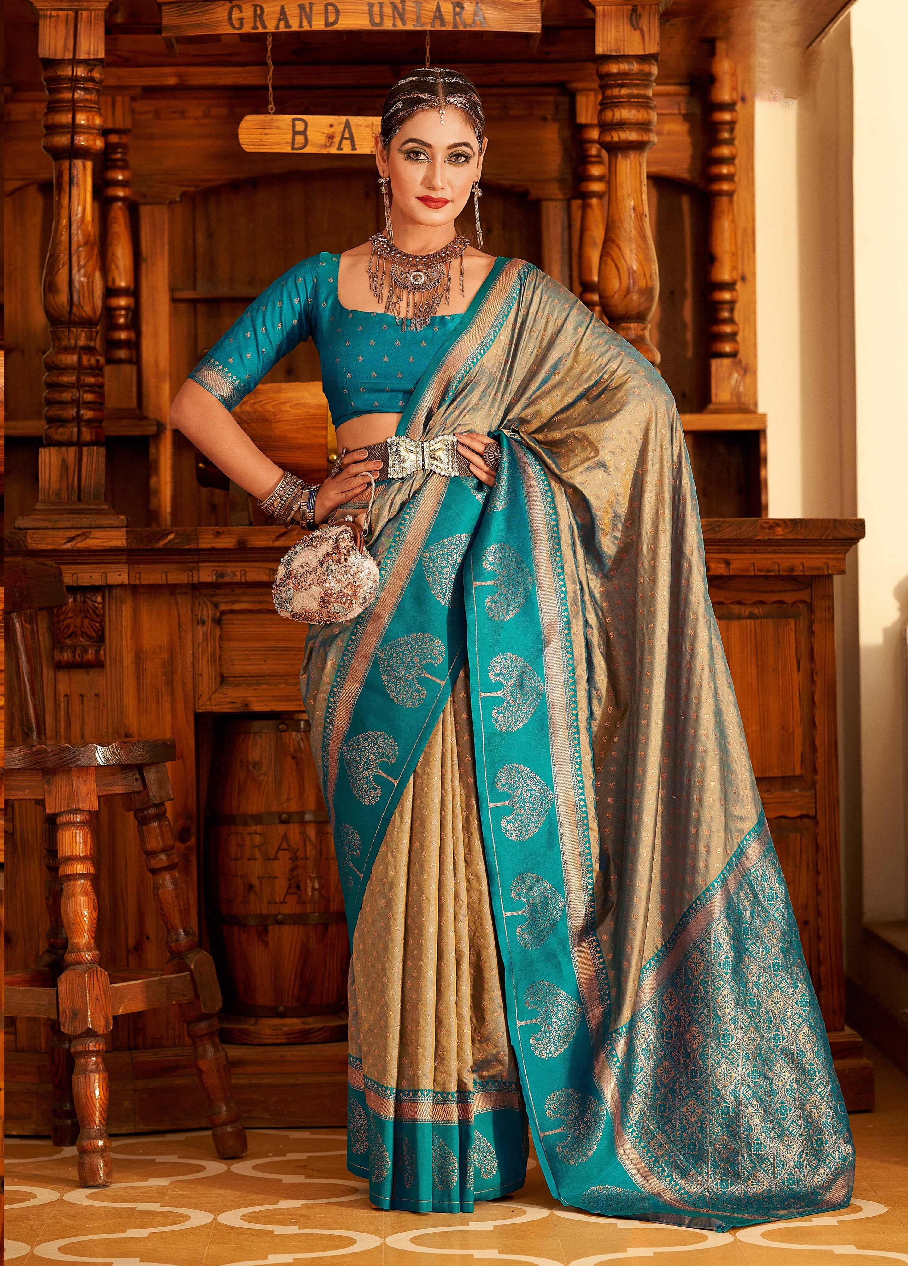 Ivory Cream and Blue Woven Banarasi Soft Silk Saree