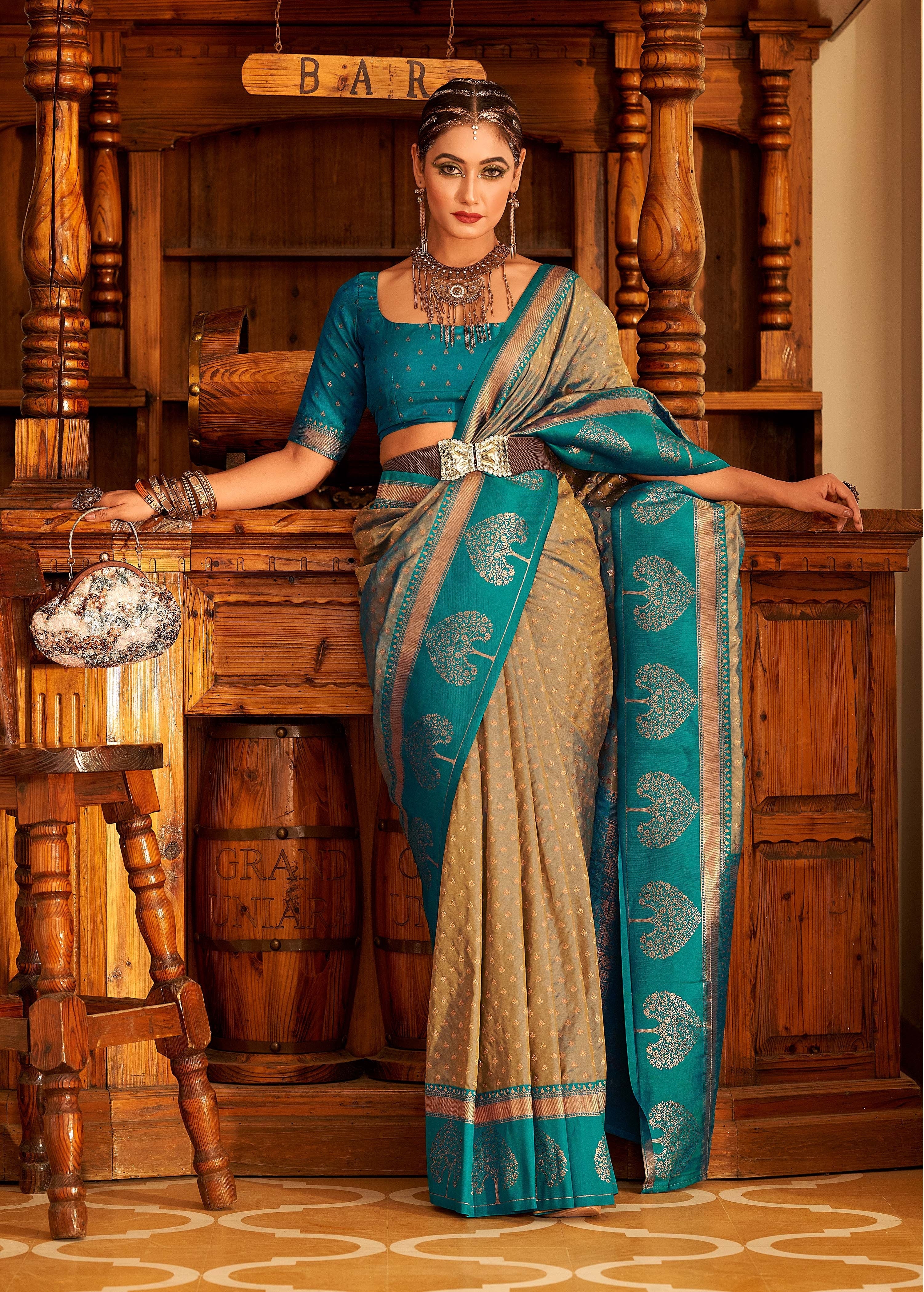 Ivory Cream and Blue Woven Banarasi Soft Silk Saree