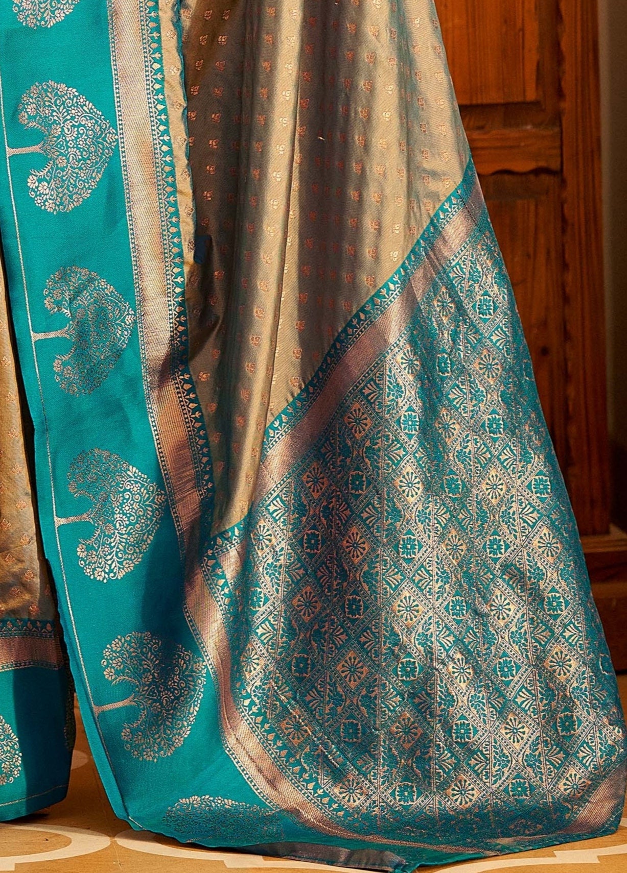 Ivory Cream and Blue Woven Banarasi Soft Silk Saree