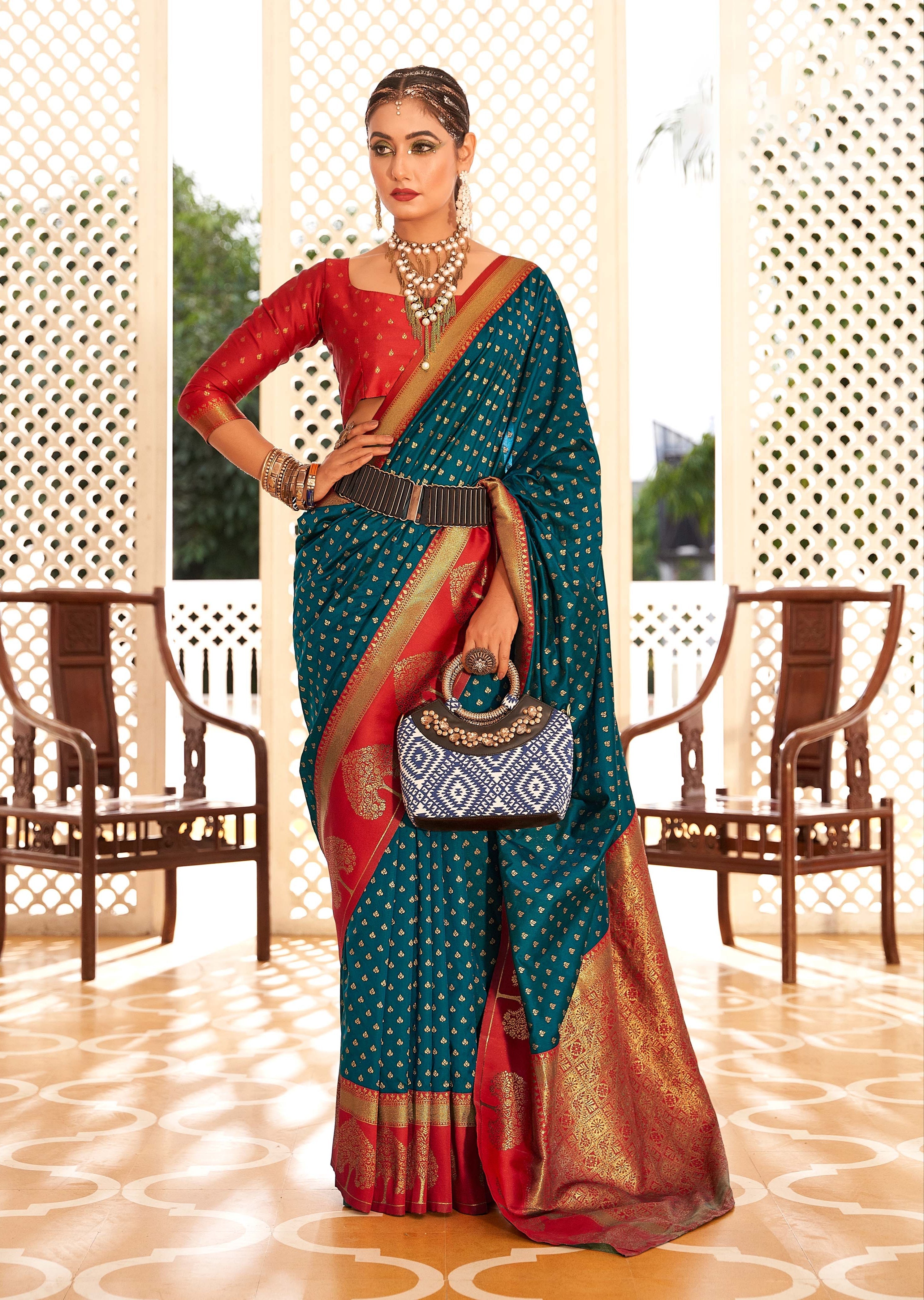 Royal Azure & Crimson Blue and Red Banarasi Soft Silk Saree