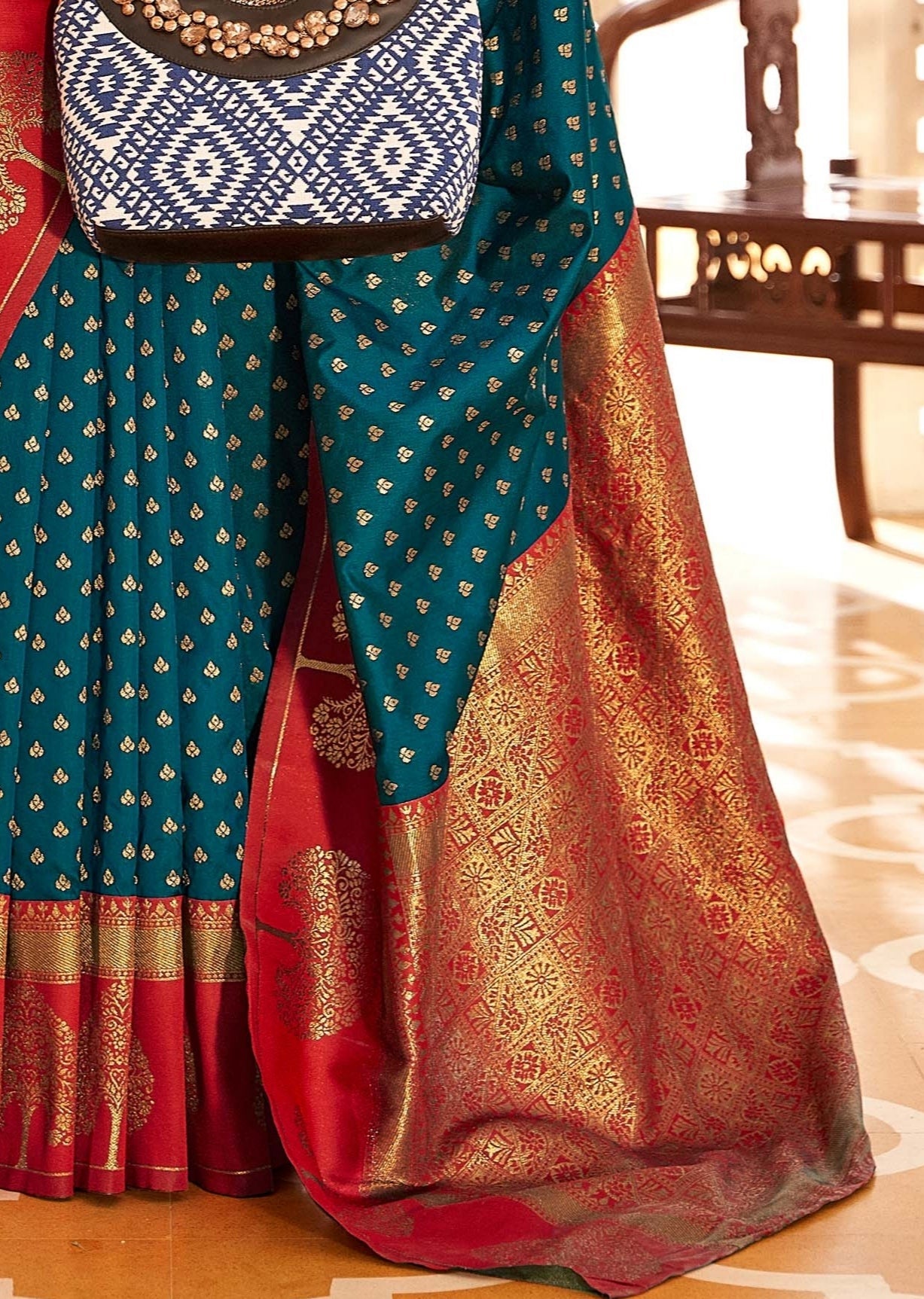 Royal Azure & Crimson Blue and Red Banarasi Soft Silk Saree