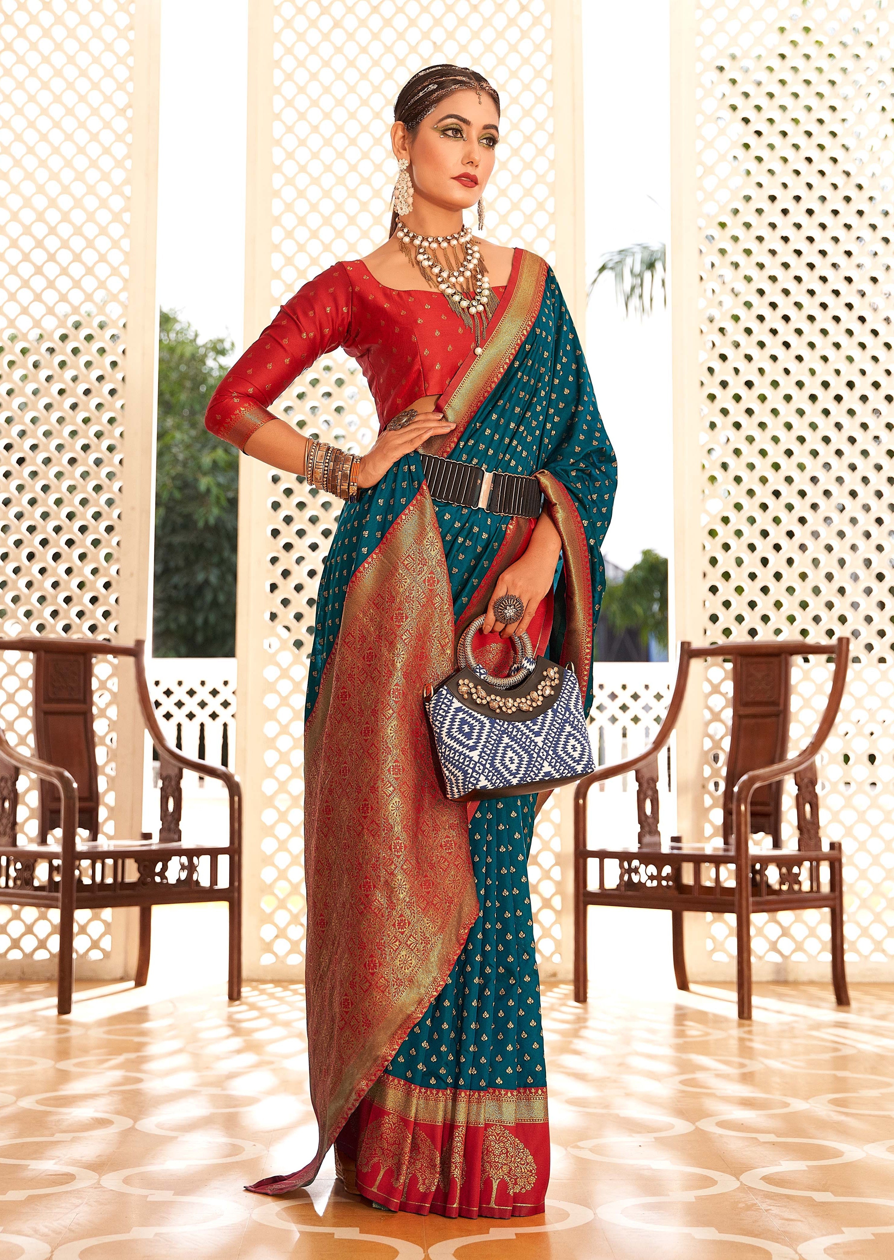 Royal Azure & Crimson Blue and Red Banarasi Soft Silk Saree