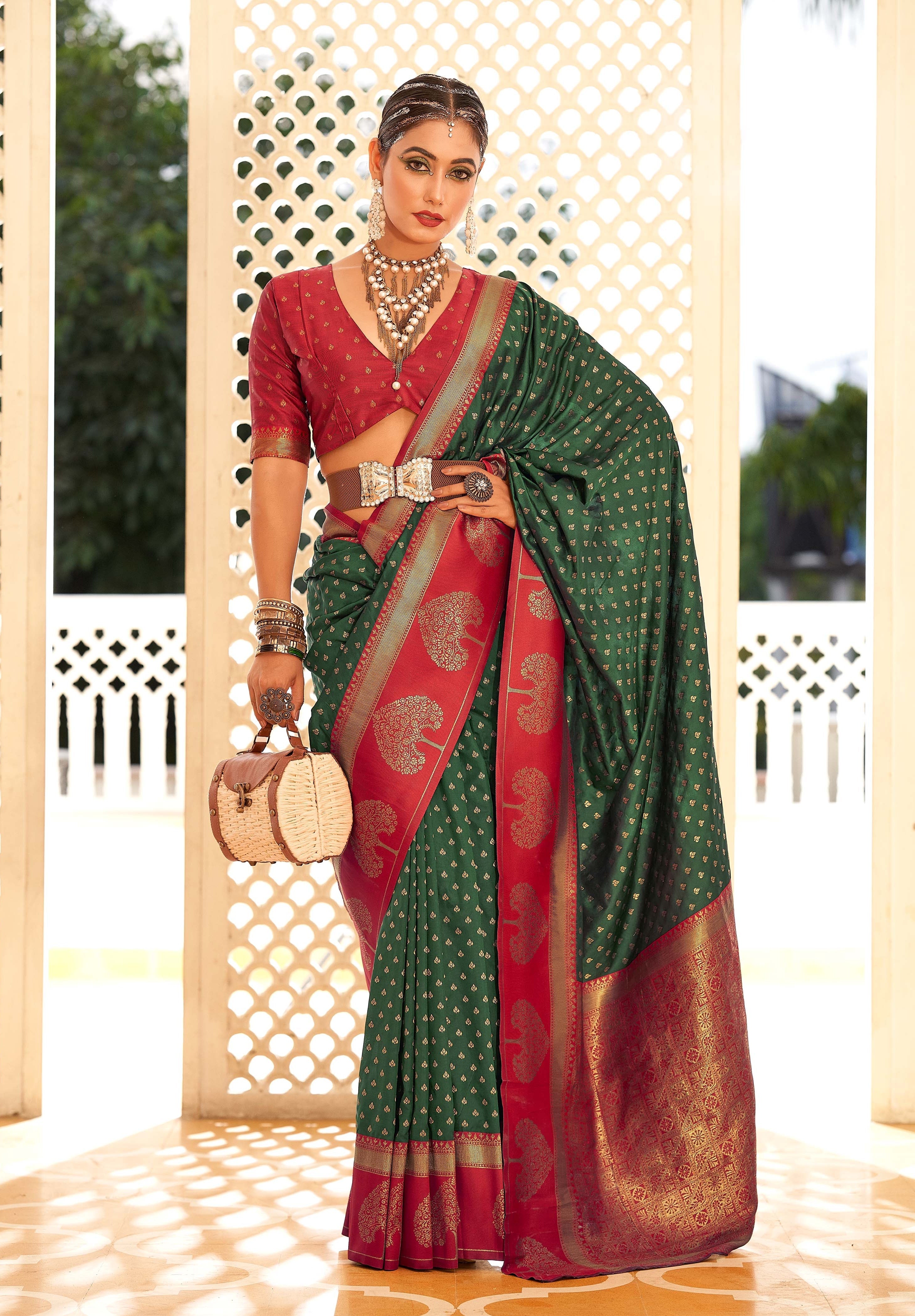 Regal Peacock Green & Red Banarasi Soft Silk Saree