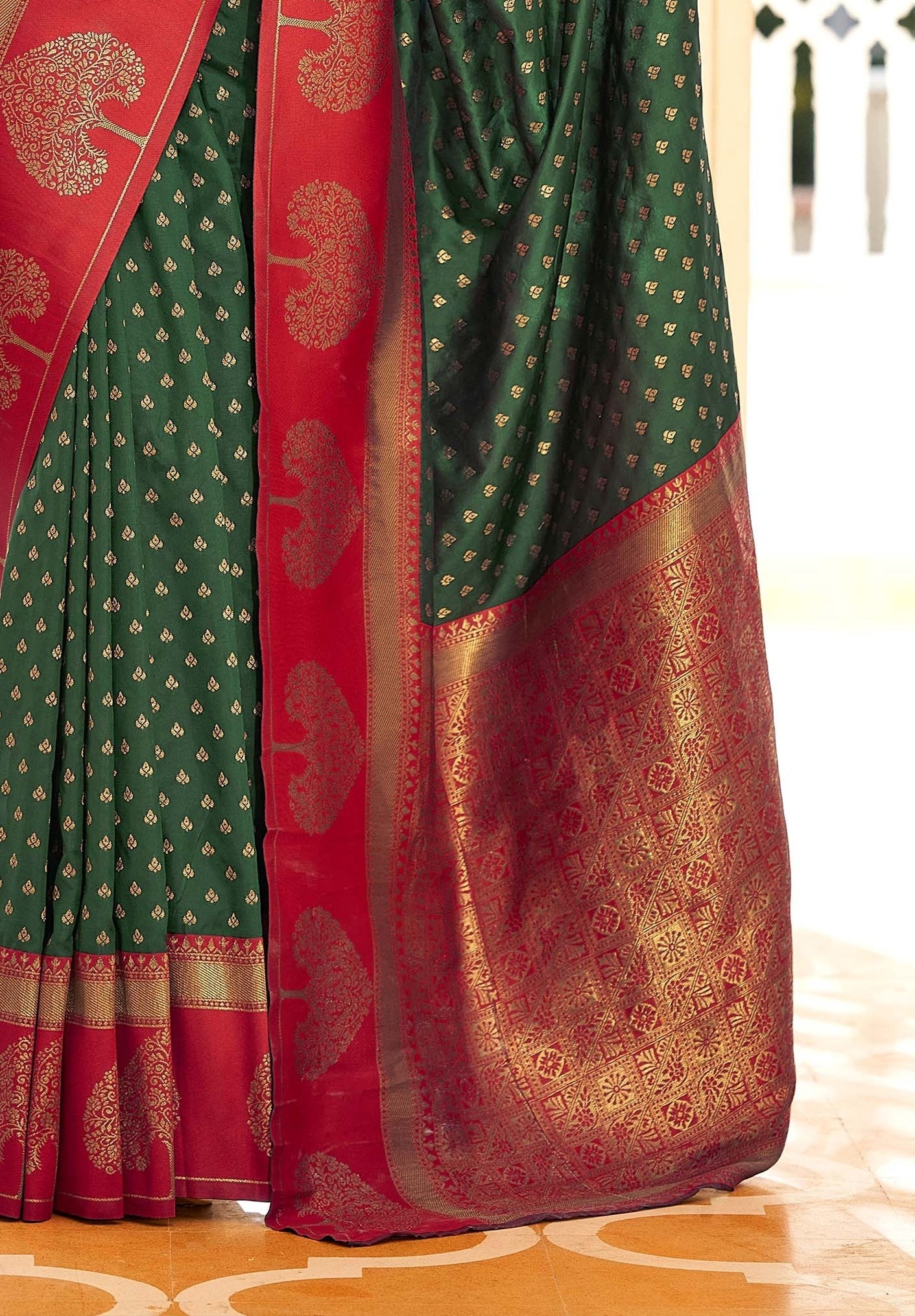 Regal Peacock Green & Red Banarasi Soft Silk Saree