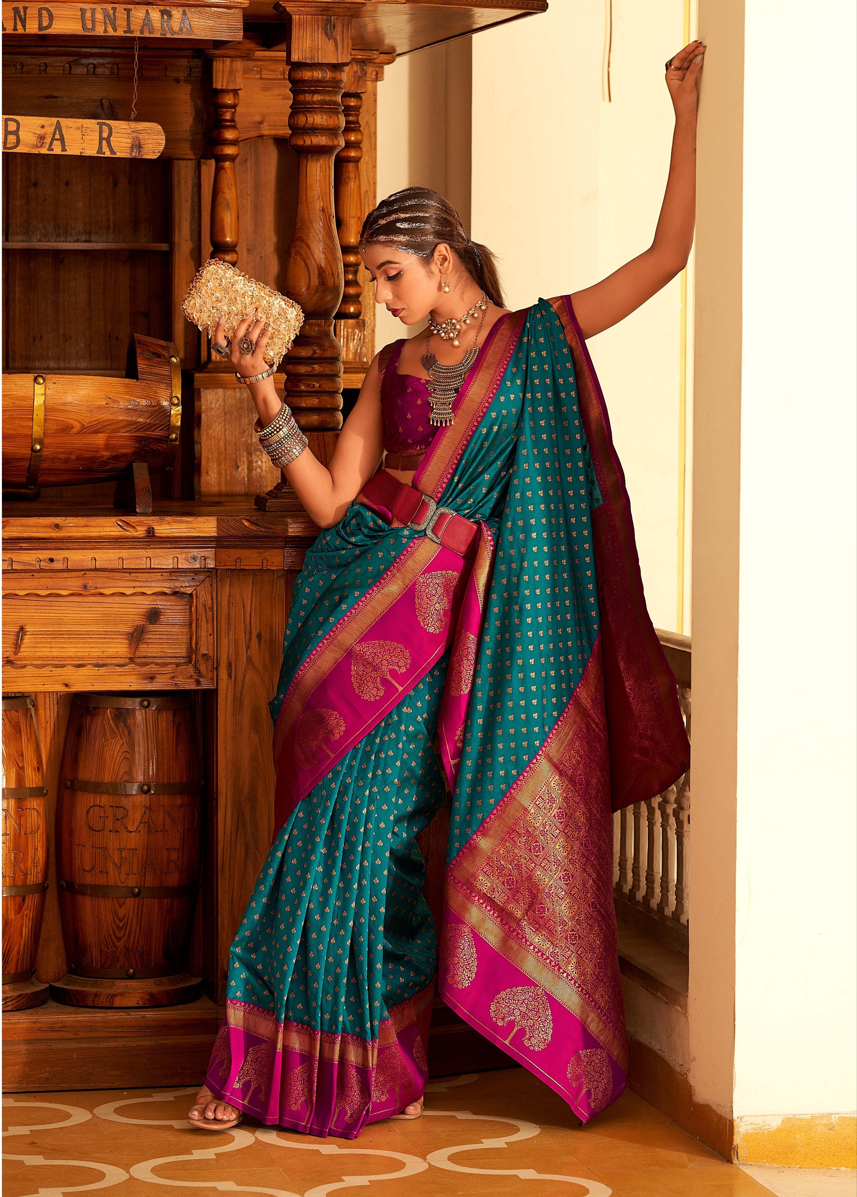 Teal Blue and Pink Woven Banarasi Soft Silk Saree