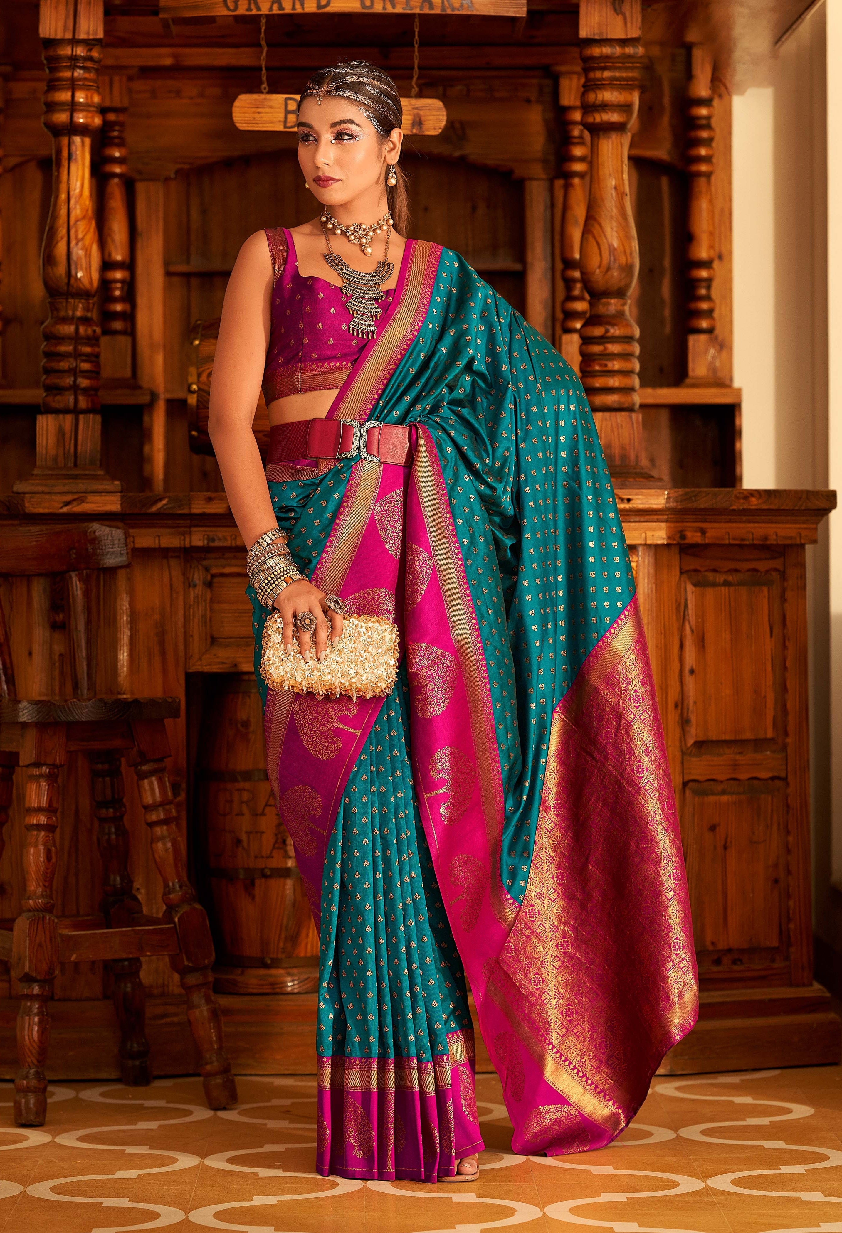 Teal Blue and Pink Woven Banarasi Soft Silk Saree