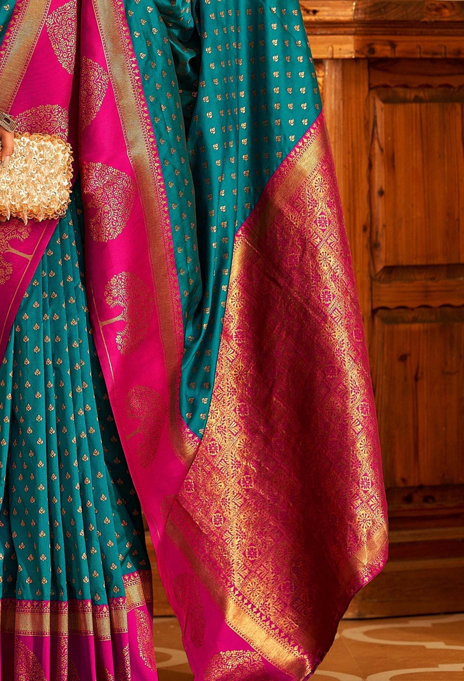 Teal Blue and Pink Woven Banarasi Soft Silk Saree