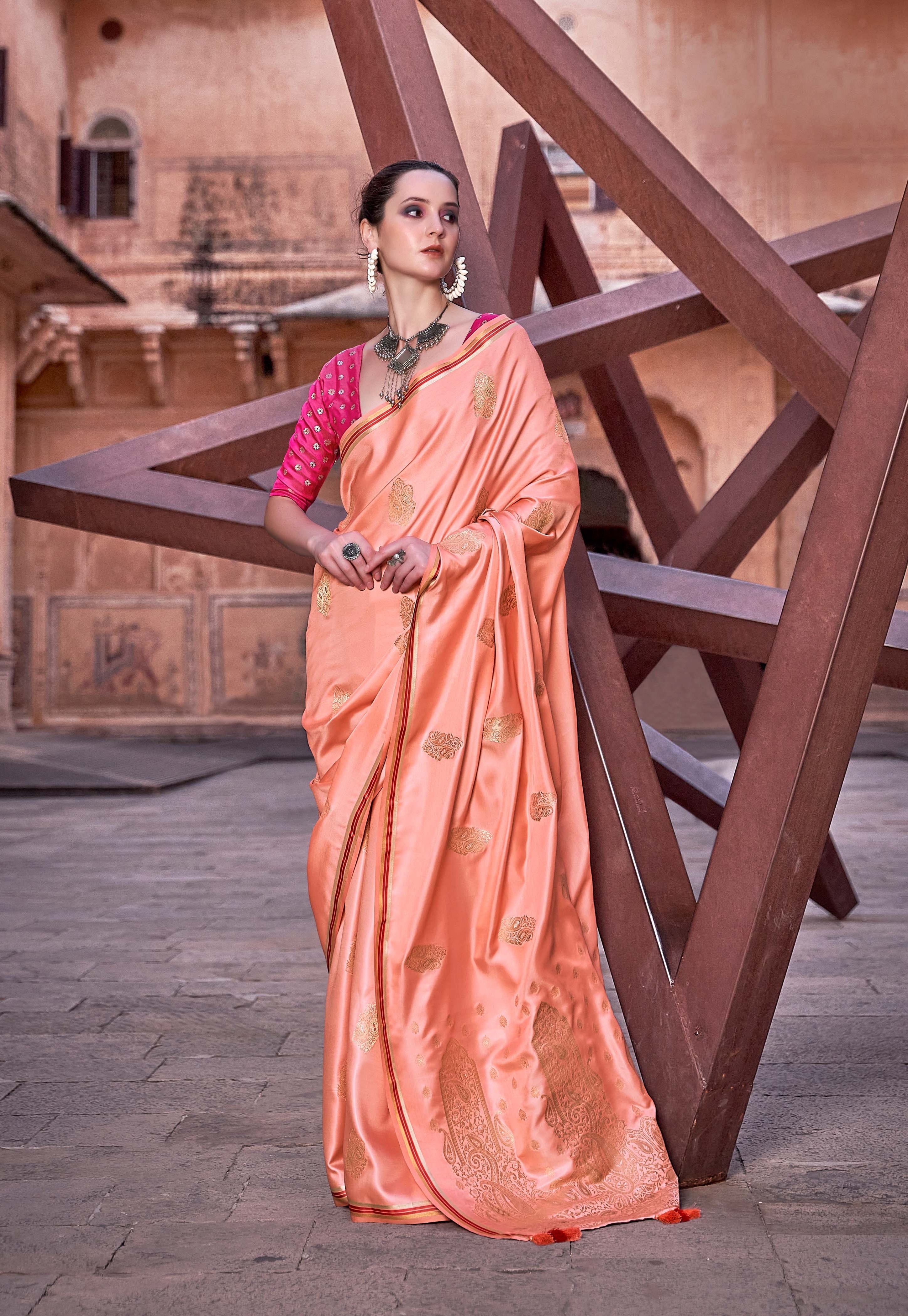 Soft Peach Satin Silk Saree