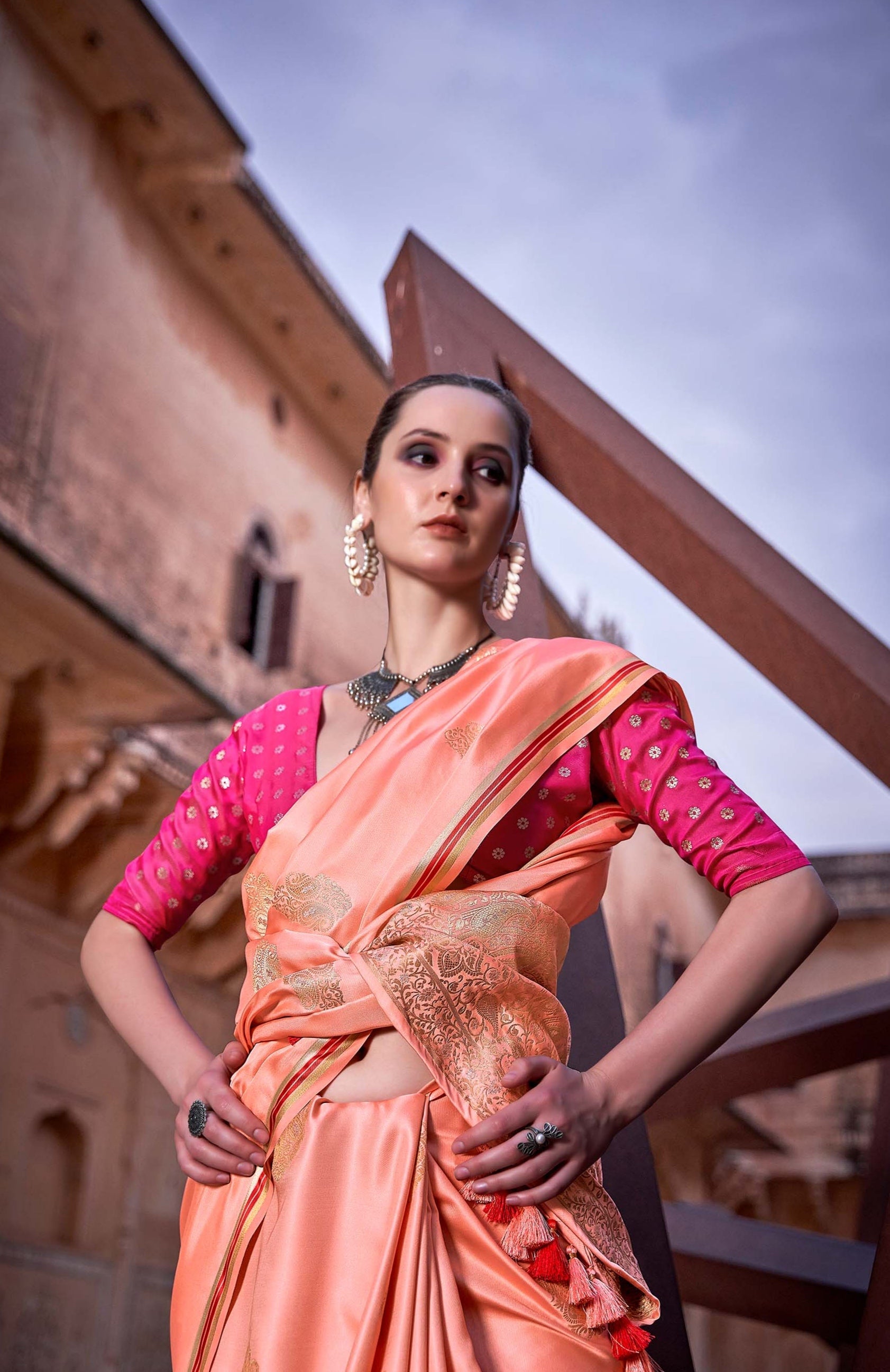 Soft Peach Satin Silk Saree