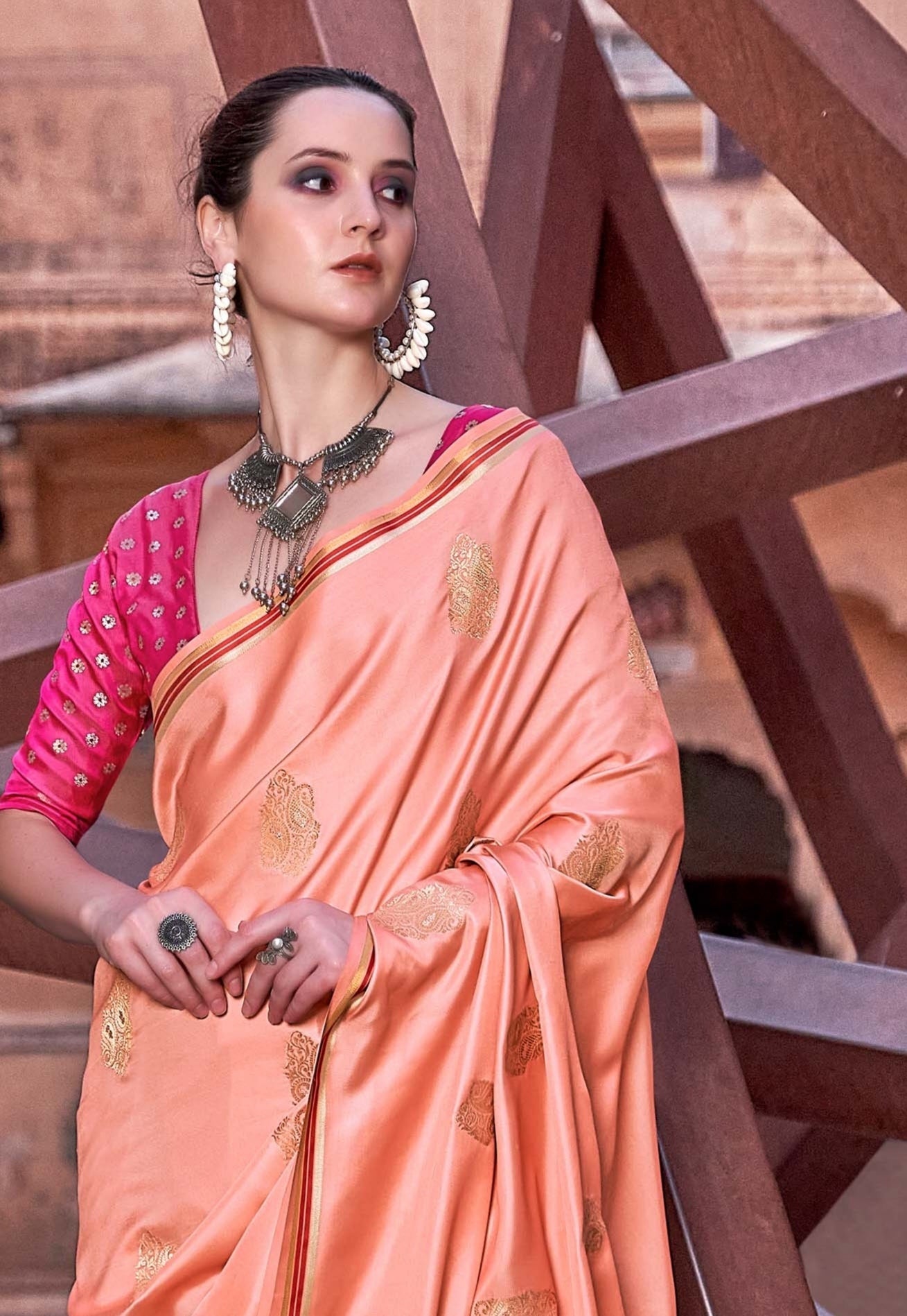 Soft Peach Satin Silk Saree