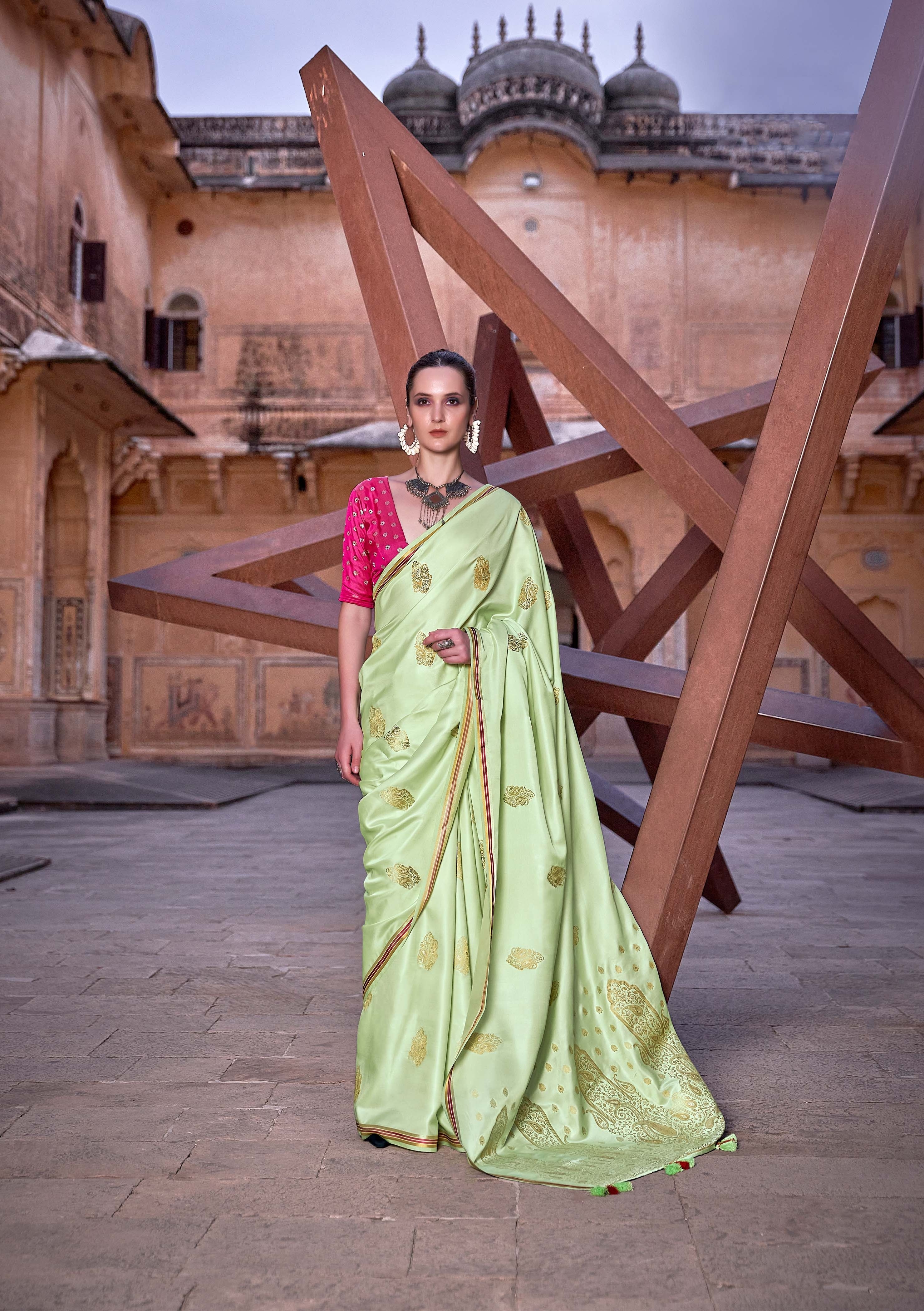 Tranquil Pistachio Satin Silk Saree