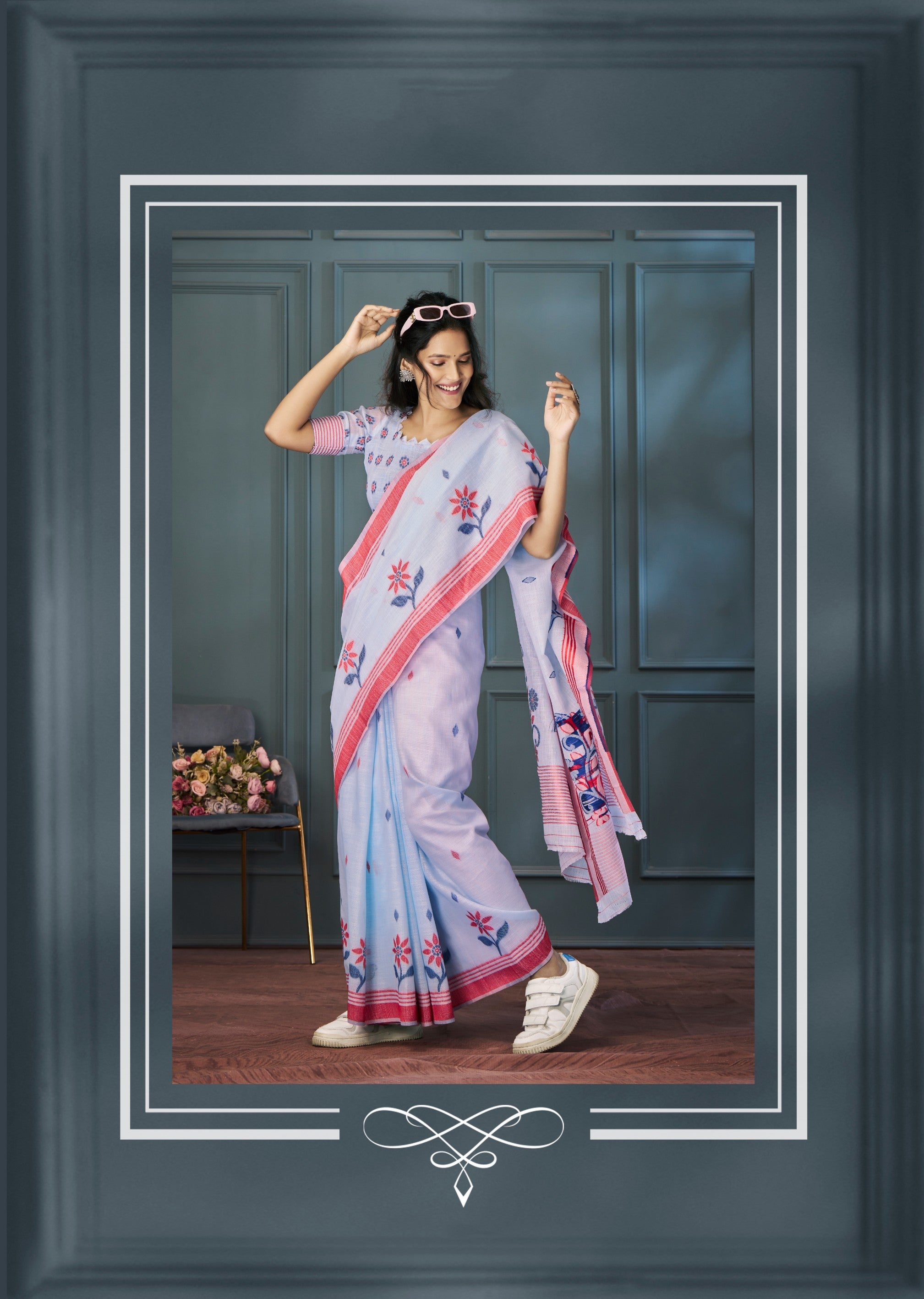 Enchanting Lavender Handloom Linen Silk Saree with Intricate Weaving