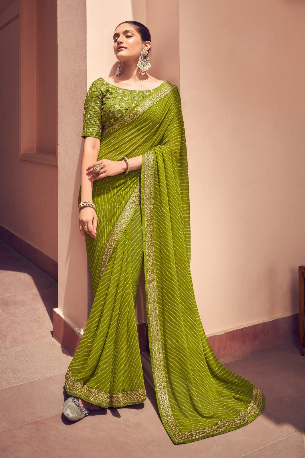 Elegant Green Bandhni Print Saree