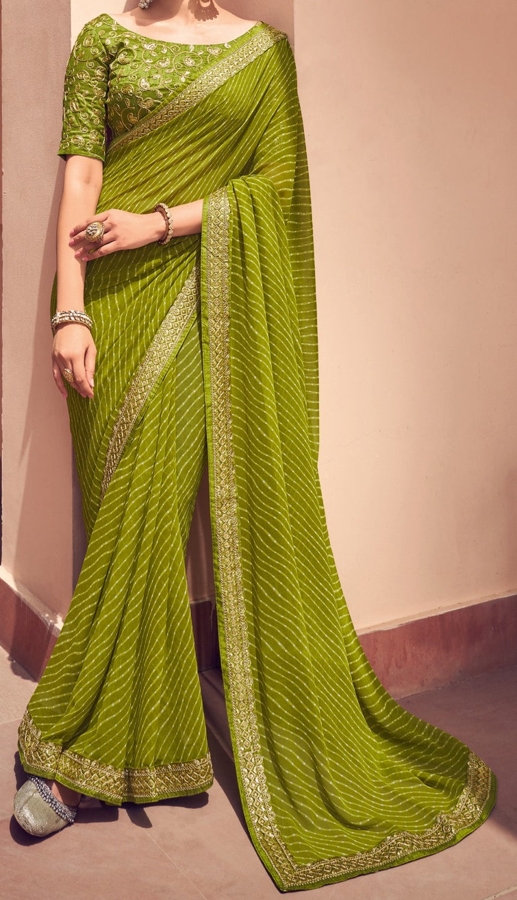 Elegant Green Bandhni Print Saree