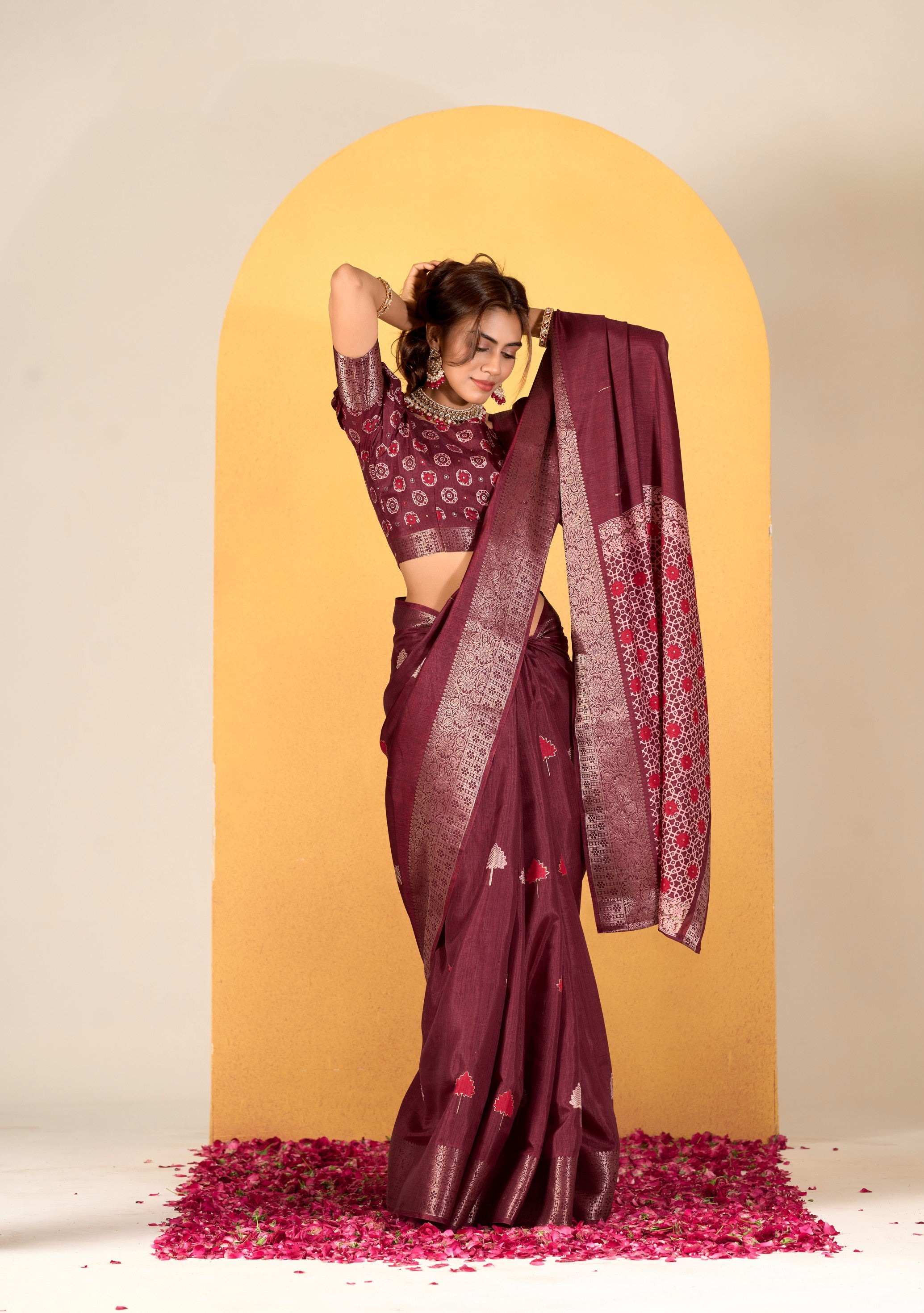 Soft Dola Silk with Foil Print in Magenta