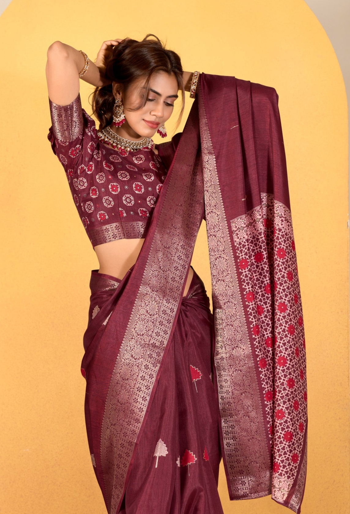 Soft Dola Silk with Foil Print in Magenta