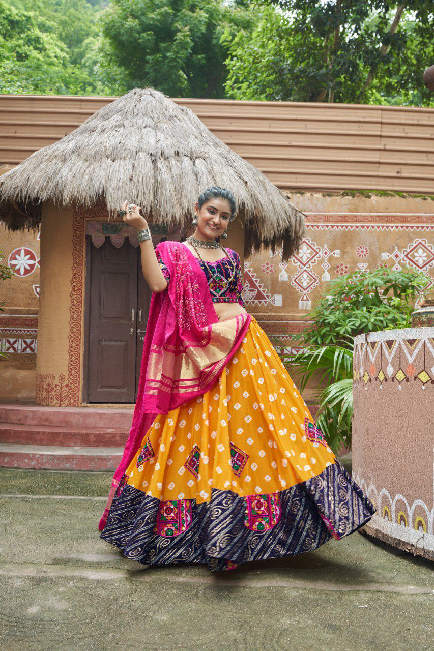 Navratri special Yellow coloured Maslin Cotton Lehenga