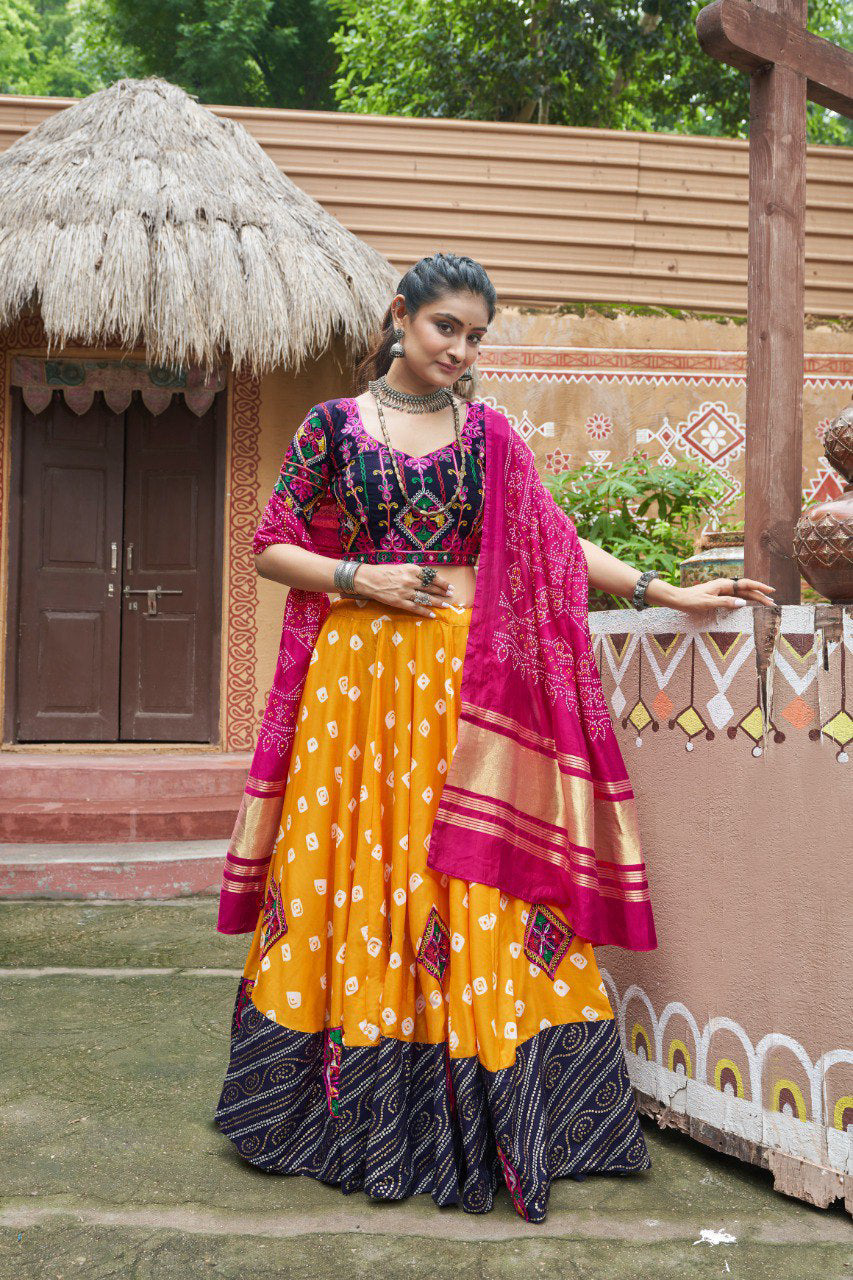 Navratri special Yellow coloured Maslin Cotton Lehenga