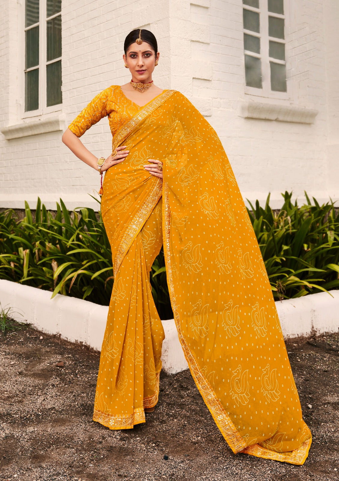 Elegant Mustard Yellow Bandhni Print Saree