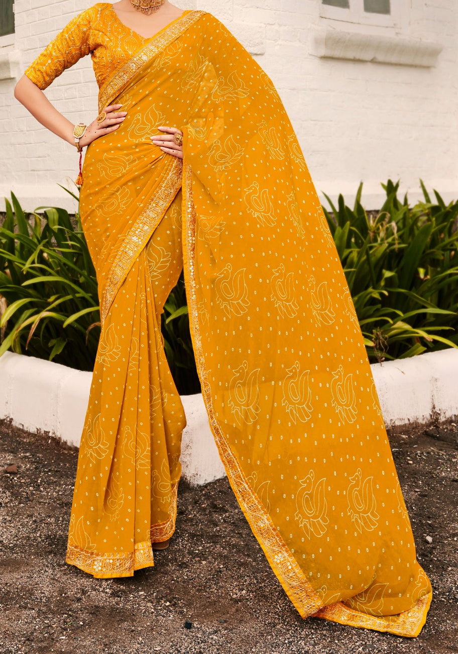 Elegant Mustard Yellow Bandhni Print Saree