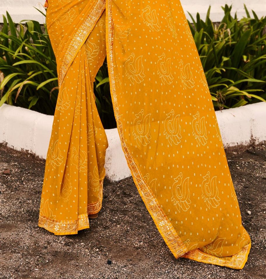 Elegant Mustard Yellow Bandhni Print Saree