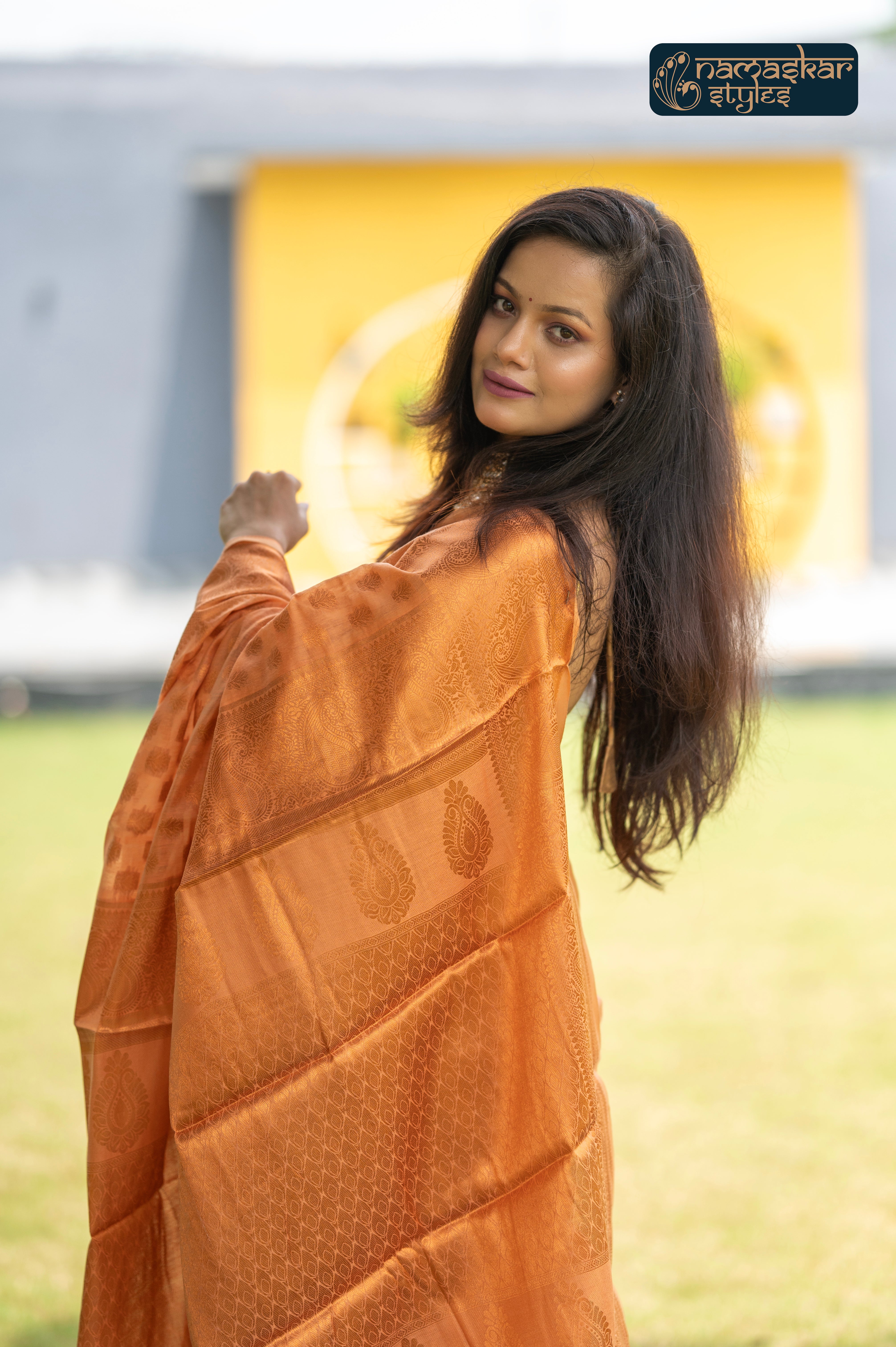 Serene Light Orange Kanjivaram Silk Saree