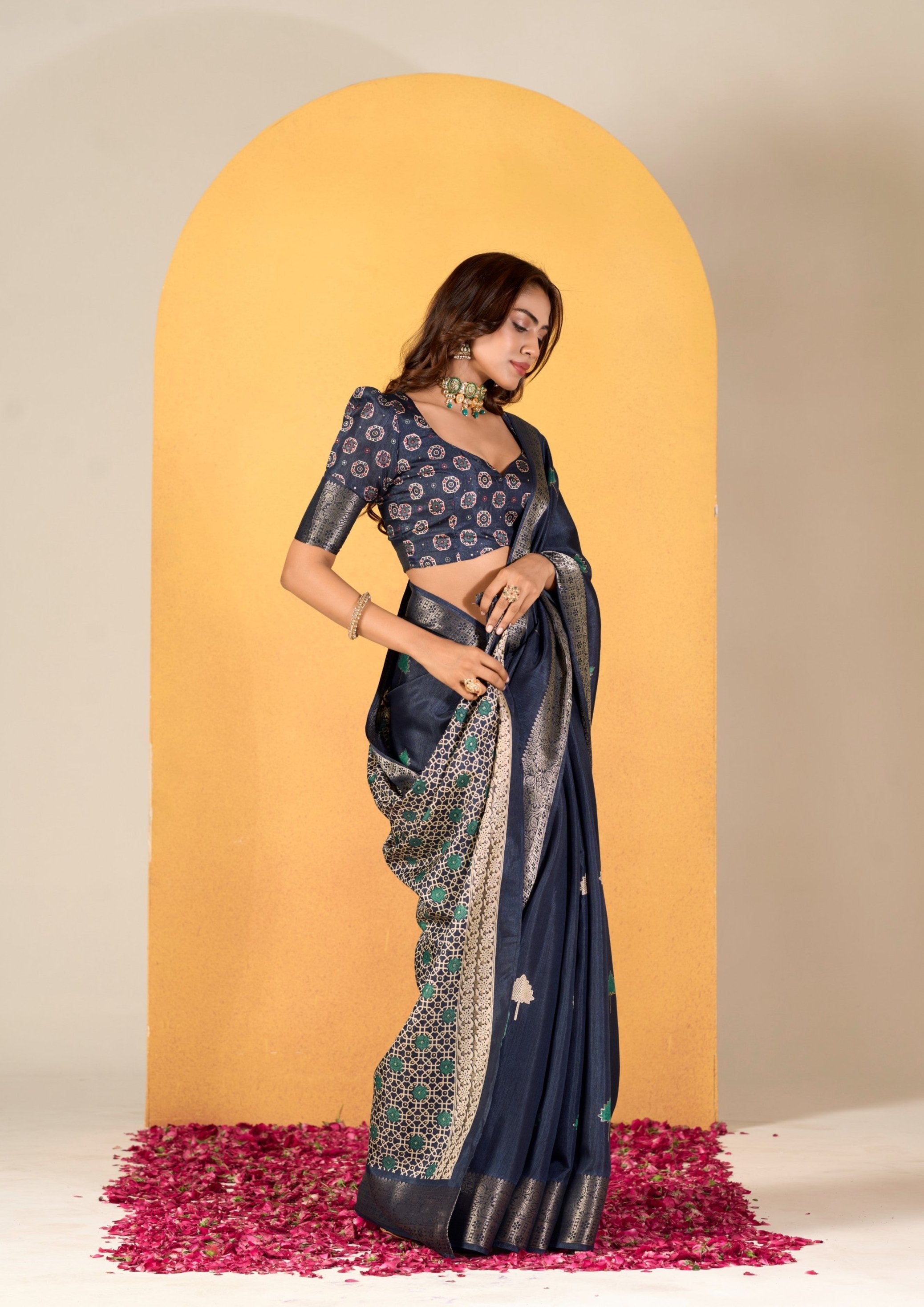 Soft Dola Silk with Foil Print in Navy Blue