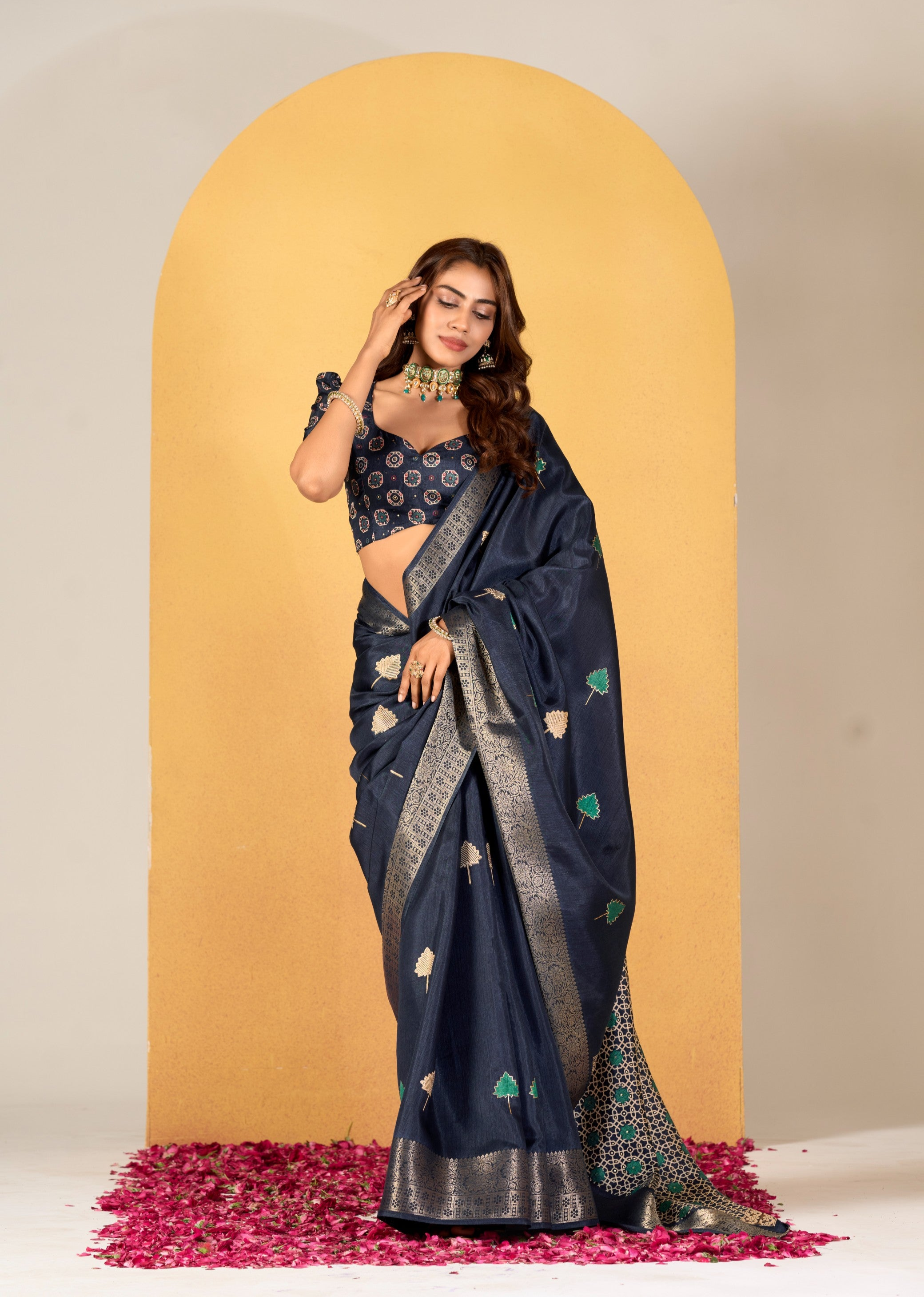 Soft Dola Silk with Foil Print in Navy Blue