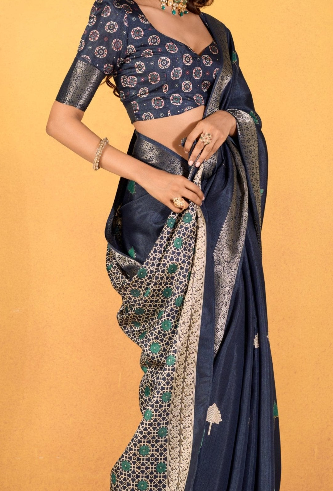 Soft Dola Silk with Foil Print in Navy Blue