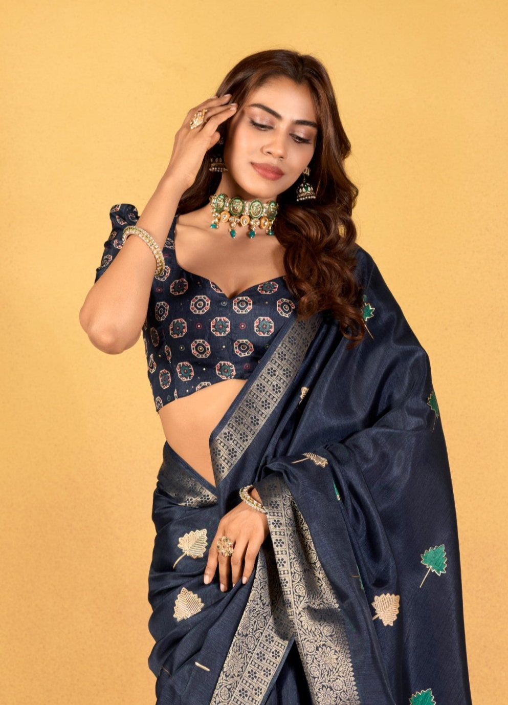 Soft Dola Silk with Foil Print in Navy Blue