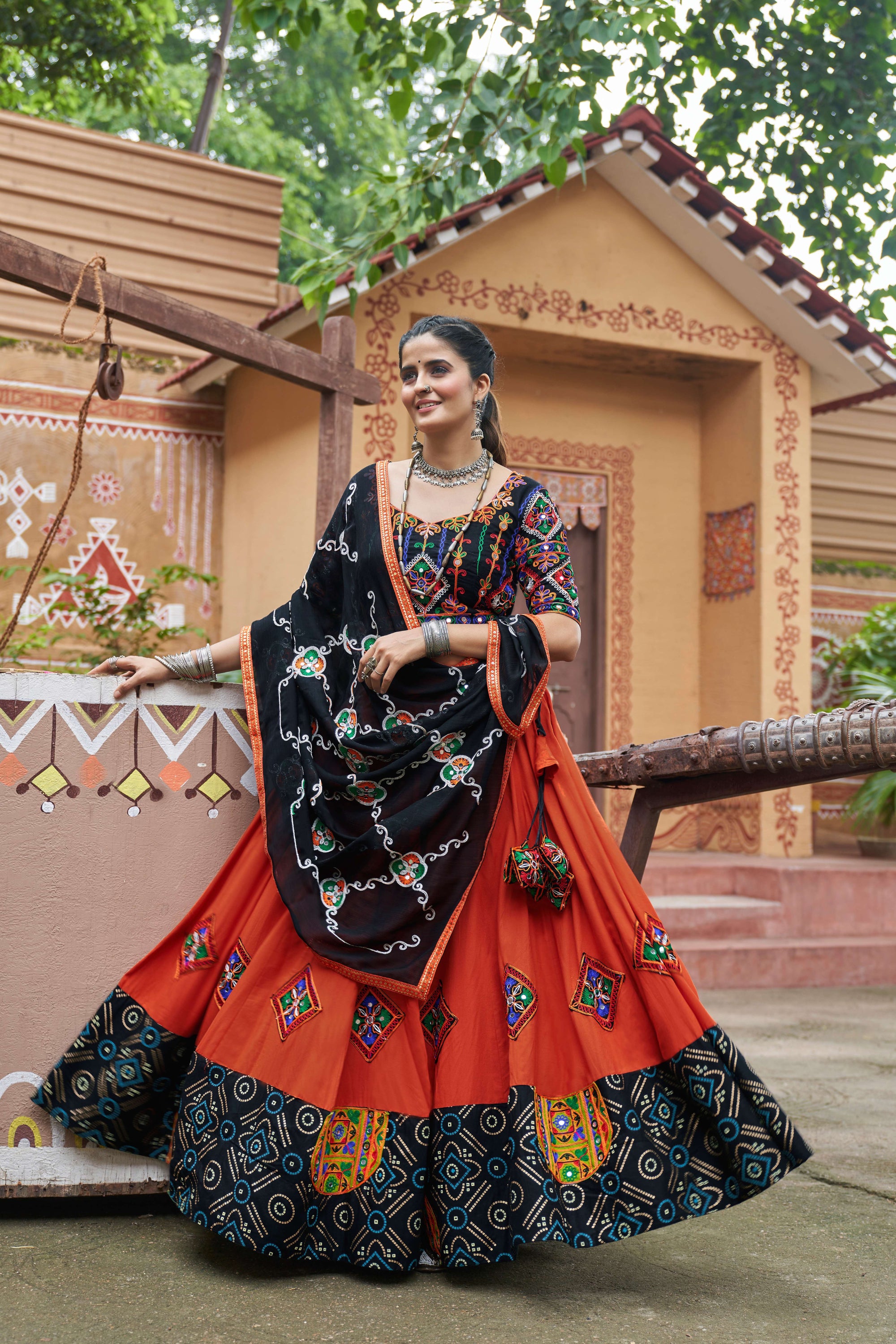 Navratri special Orange coloured rayon Lehenga