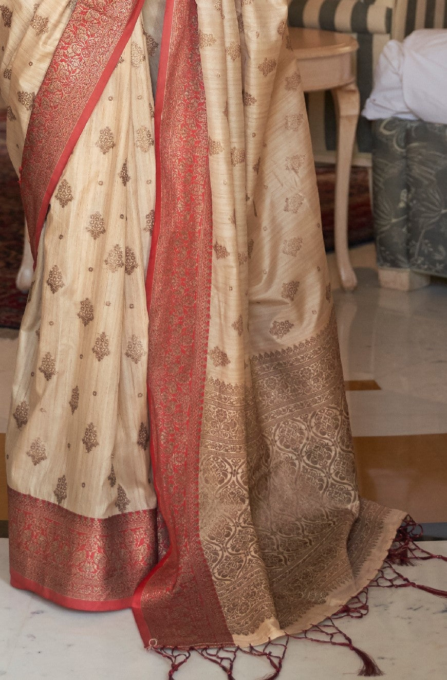 Pearl Cream Zari Banarasi Silk Saree