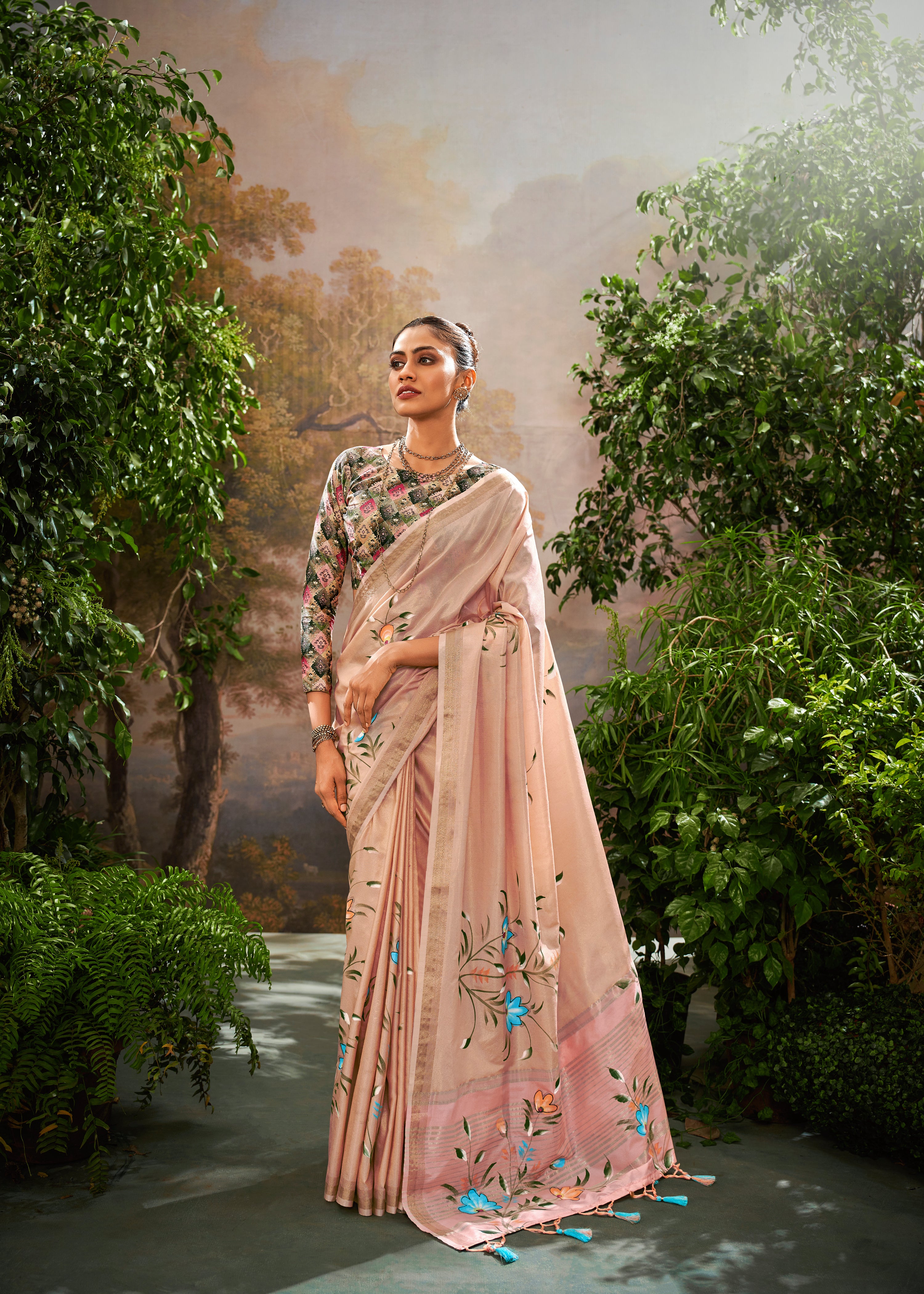 Pastel Peach Coloured Soft Linen Tissue Saree – Timeless Luxury & Grace