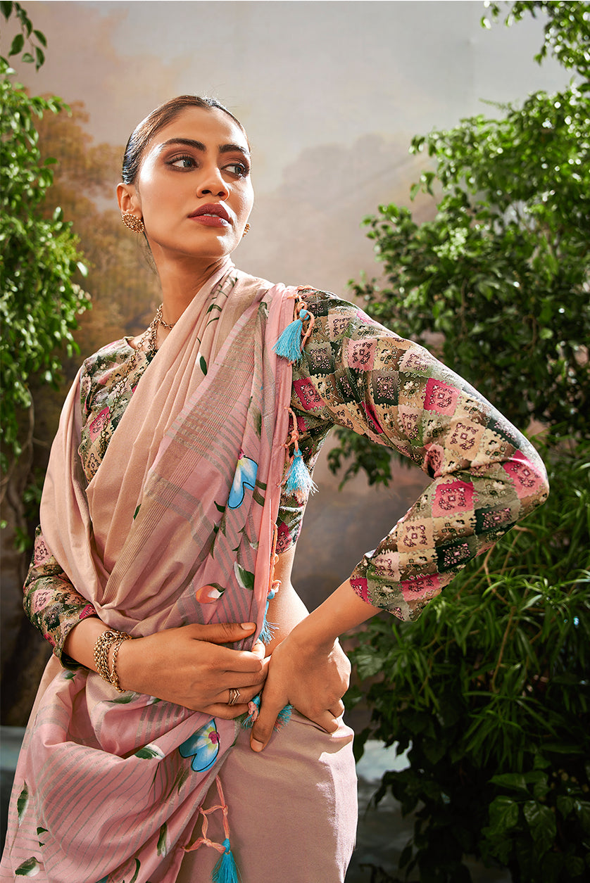 Pastel Peach Coloured Soft Linen Tissue Saree – Timeless Luxury & Grace