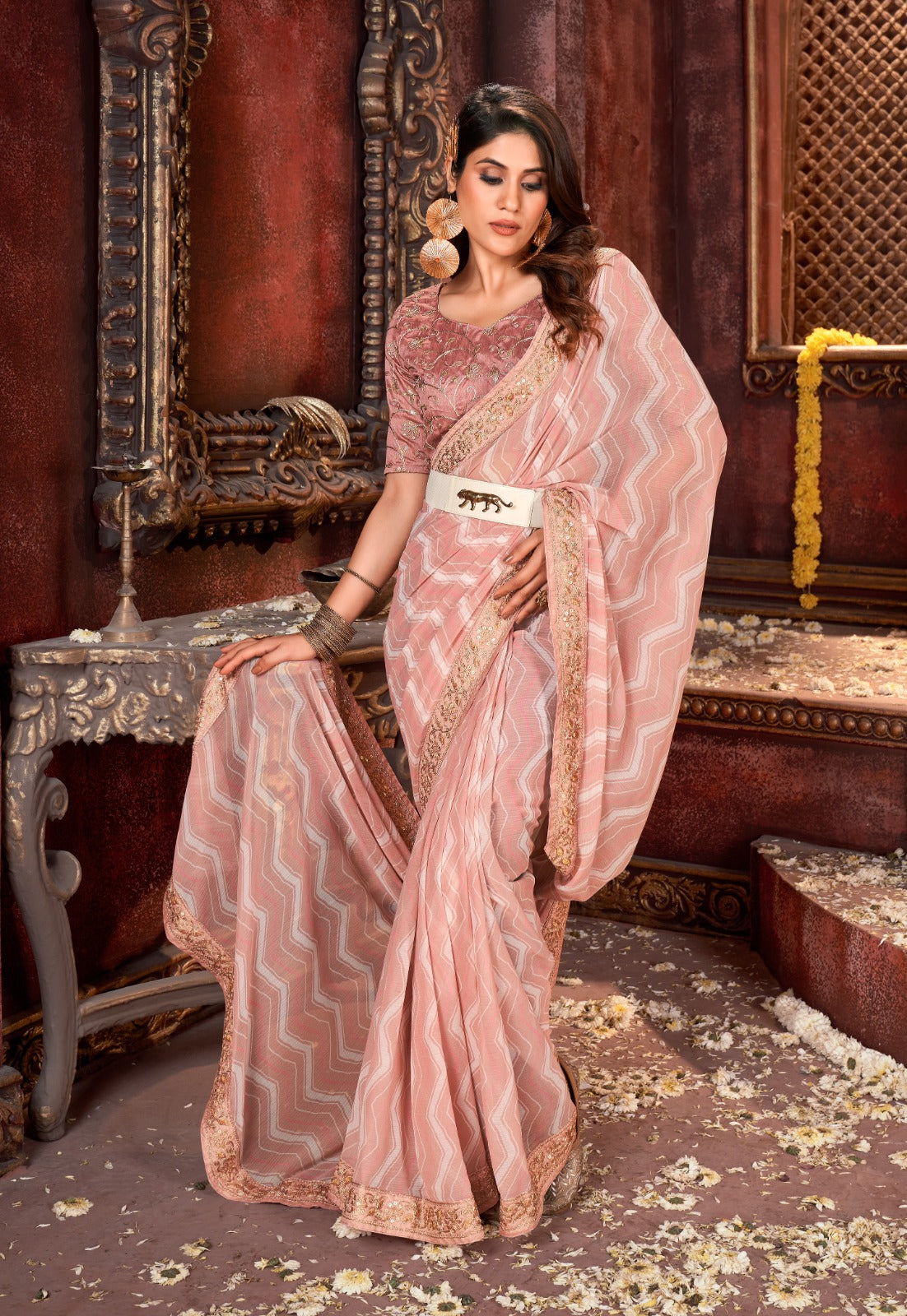 Elegant Peach Color Bandhni Print Saree