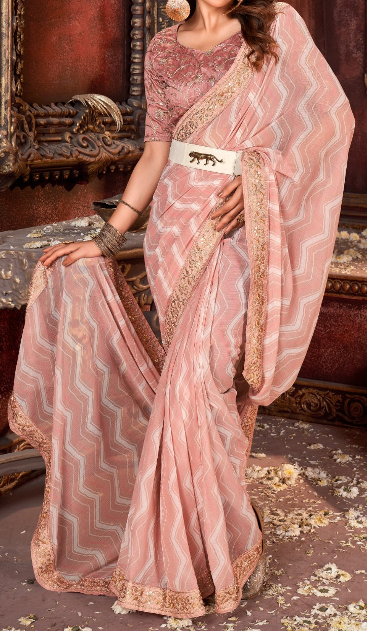 Elegant Peach Color Bandhni Print Saree