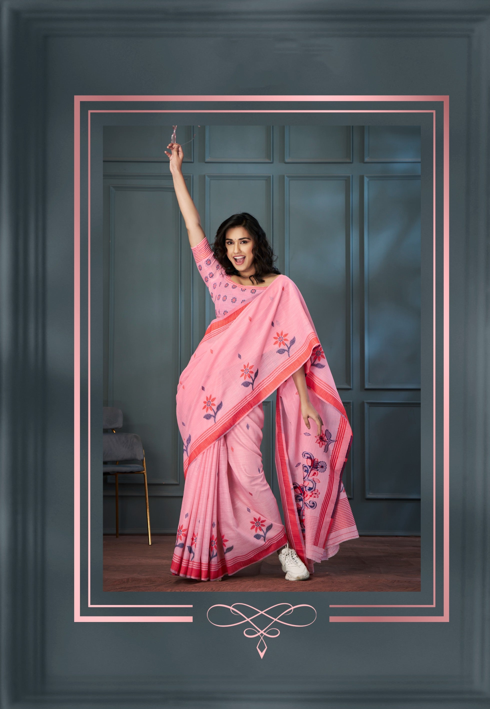 Radiant Pink Handloom Linen Silk Saree with Intricate Weaving