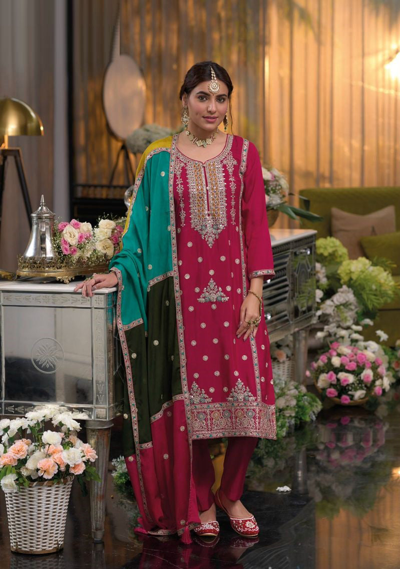 Bright Pink Chinnon Embroidered Salwar Kameez