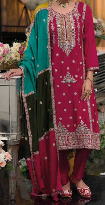 Bright Pink Chinnon Embroidered Salwar Kameez