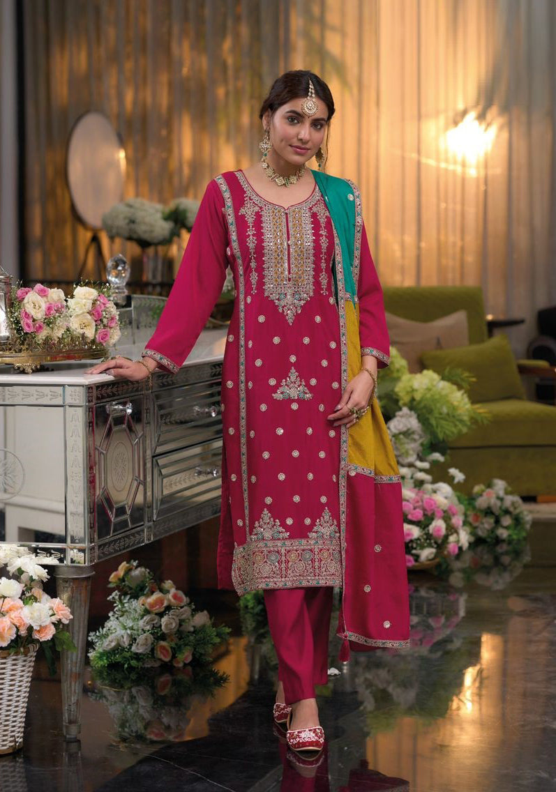 Bright Pink Chinnon Embroidered Salwar Kameez