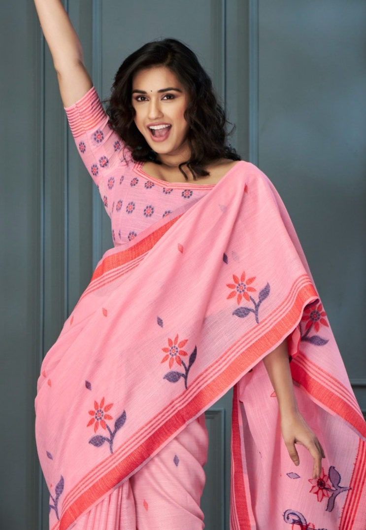 Radiant Pink Handloom Linen Silk Saree with Intricate Weaving