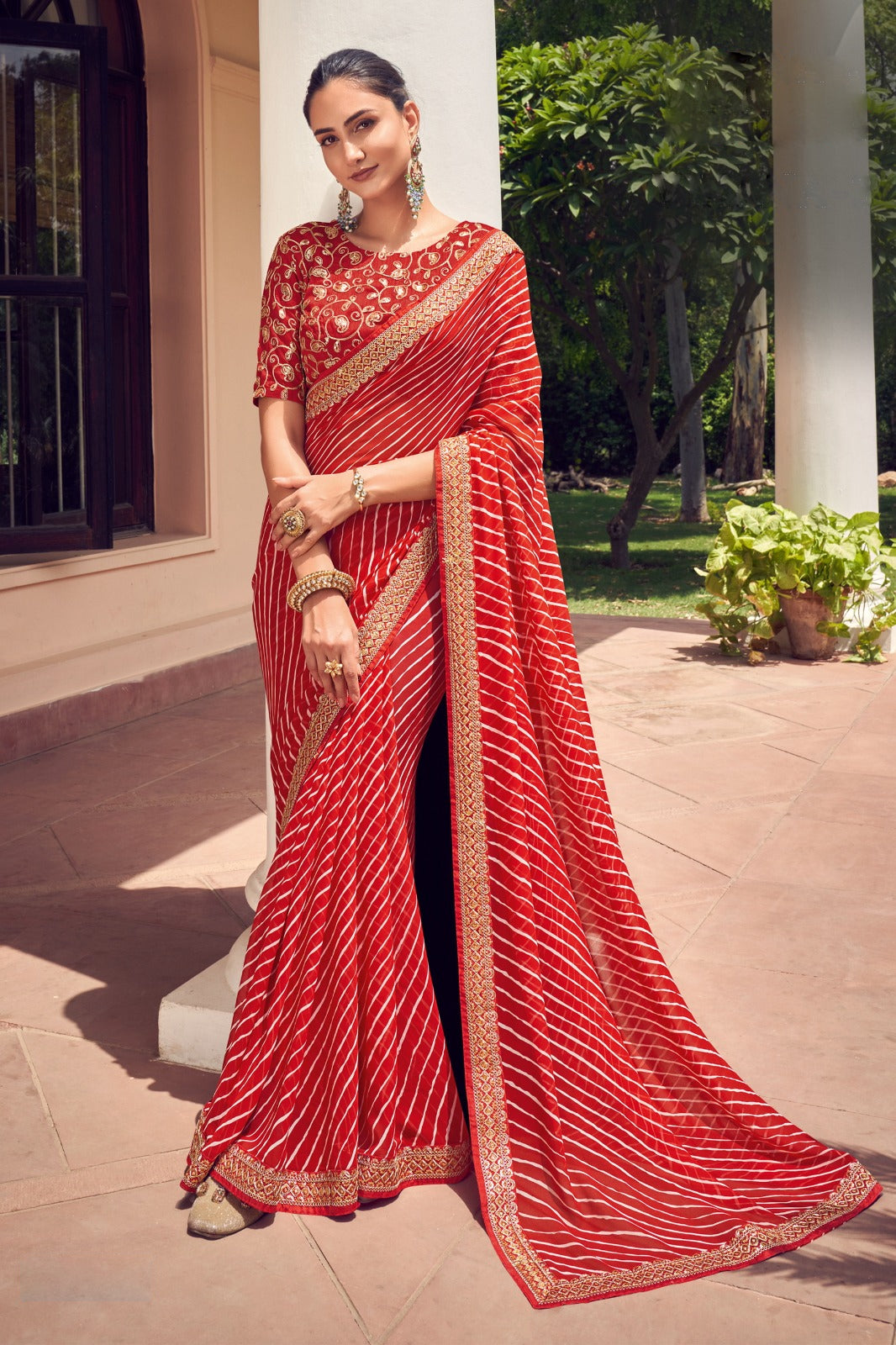 Elegant Red Bandhni Print Saree