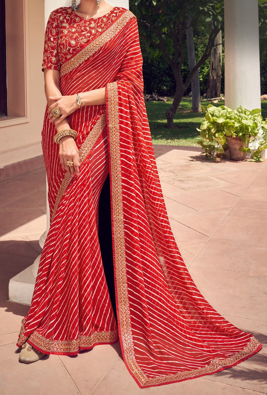 Elegant Red Bandhni Print Saree