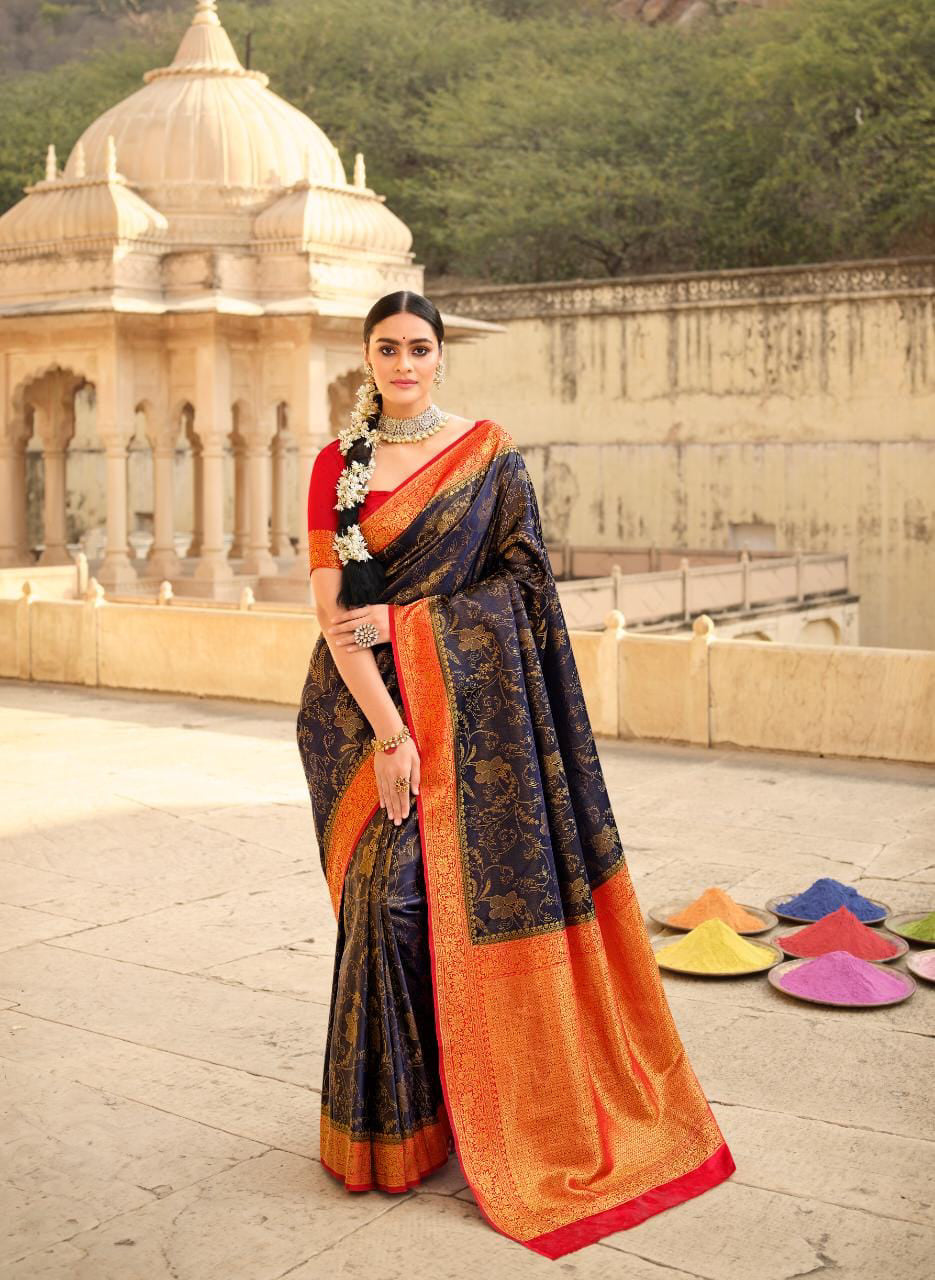 Rock Blue Coloured Banarasi Katan Silk Saree