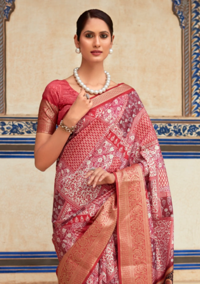 Rose Pink Banarasi Printed Silk Saree