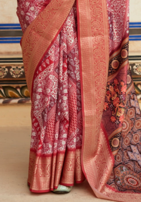 Rose Pink Banarasi Printed Silk Saree