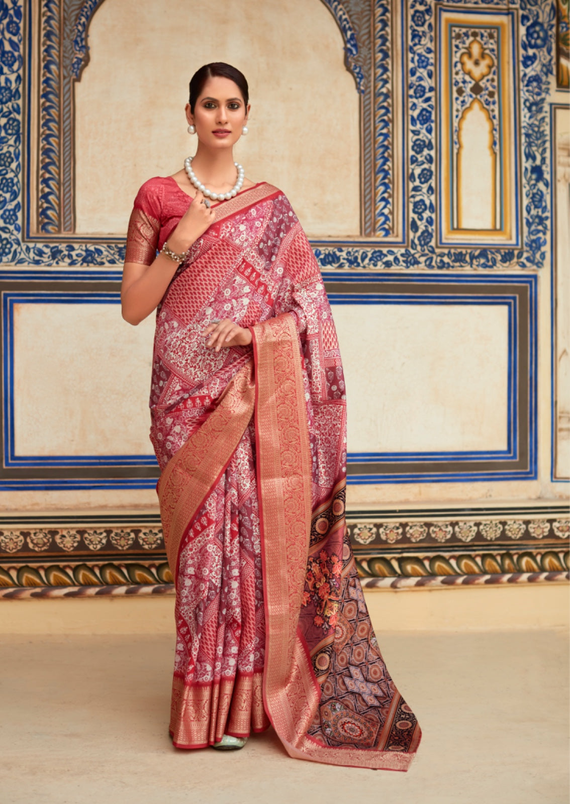 Rose Pink Banarasi Printed Silk Saree