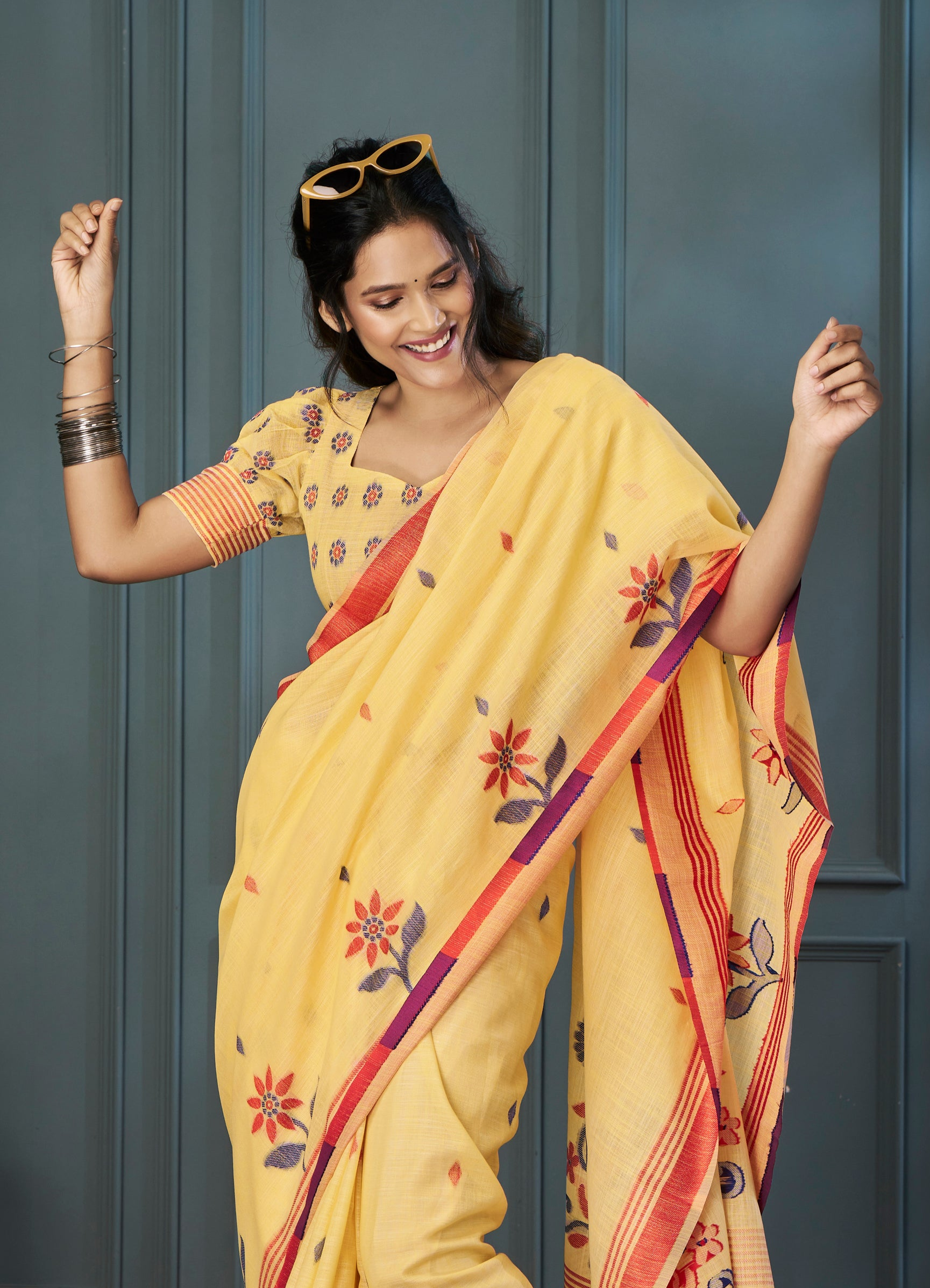 Radiant Yellow Handloom Linen Silk Saree with Intricate Weaving