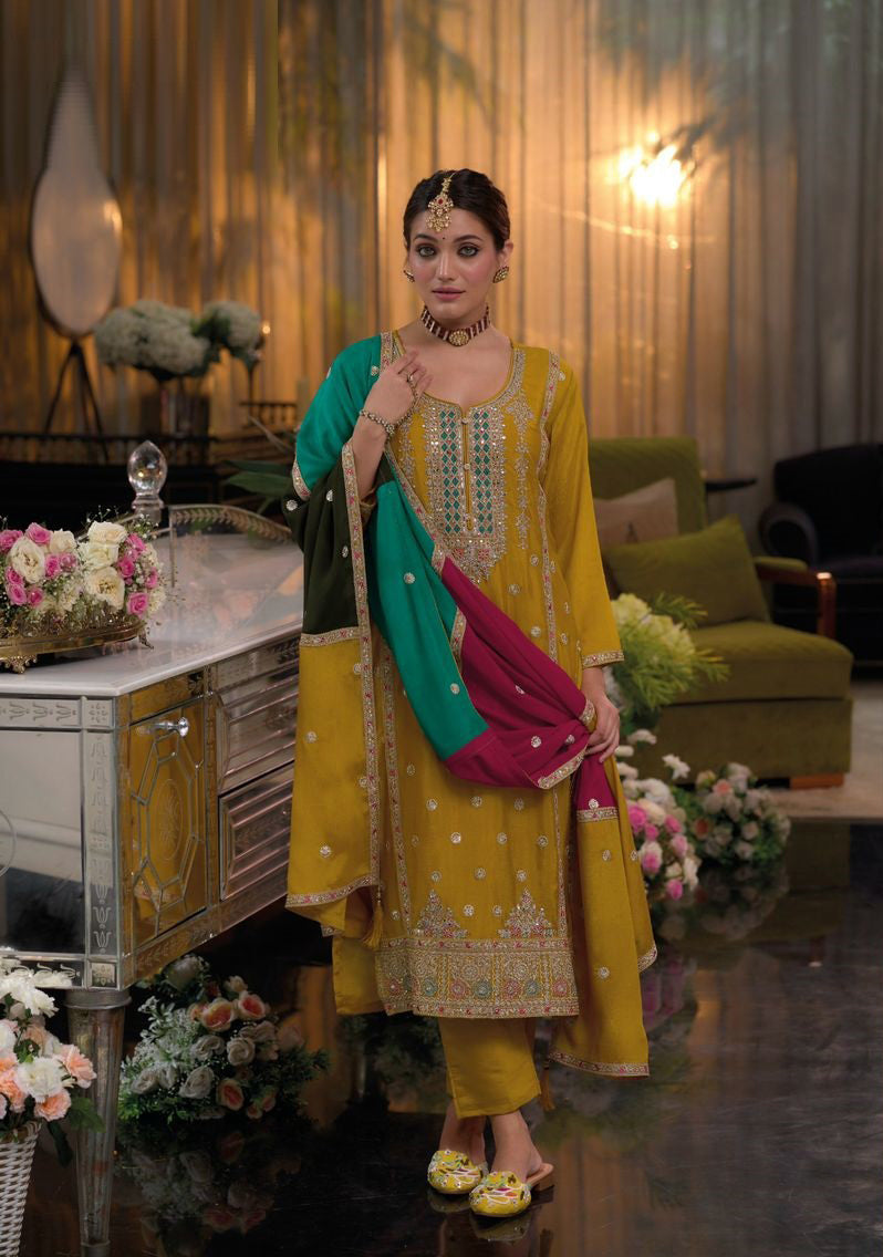 Yellow Chinnon Embroidered Salwar Kameez