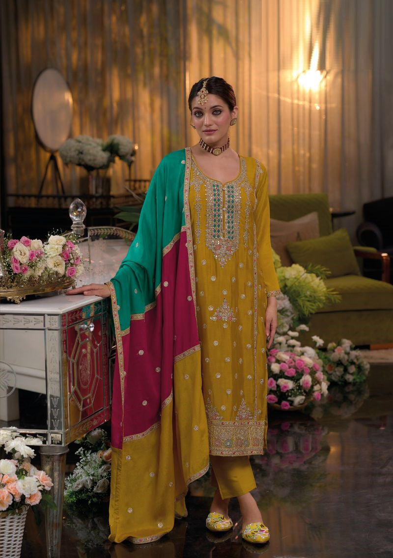 Yellow Chinnon Embroidered Salwar Kameez